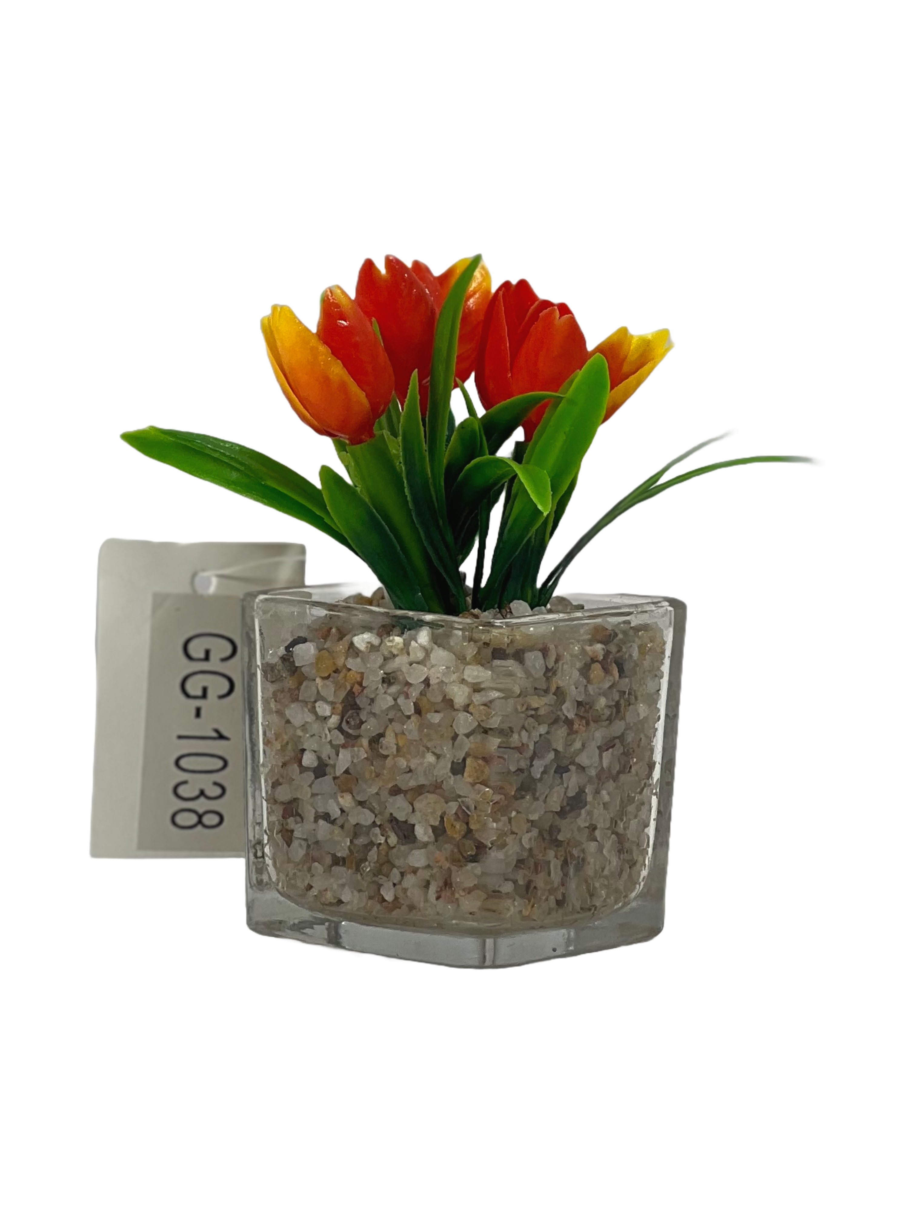 The Green Gallery Mini Tulip Plant in Glass Pot – Artificial Flowers with Stone Base | 6 Color Variants | Small Tabletop Decoration for Home, Office & Gifting