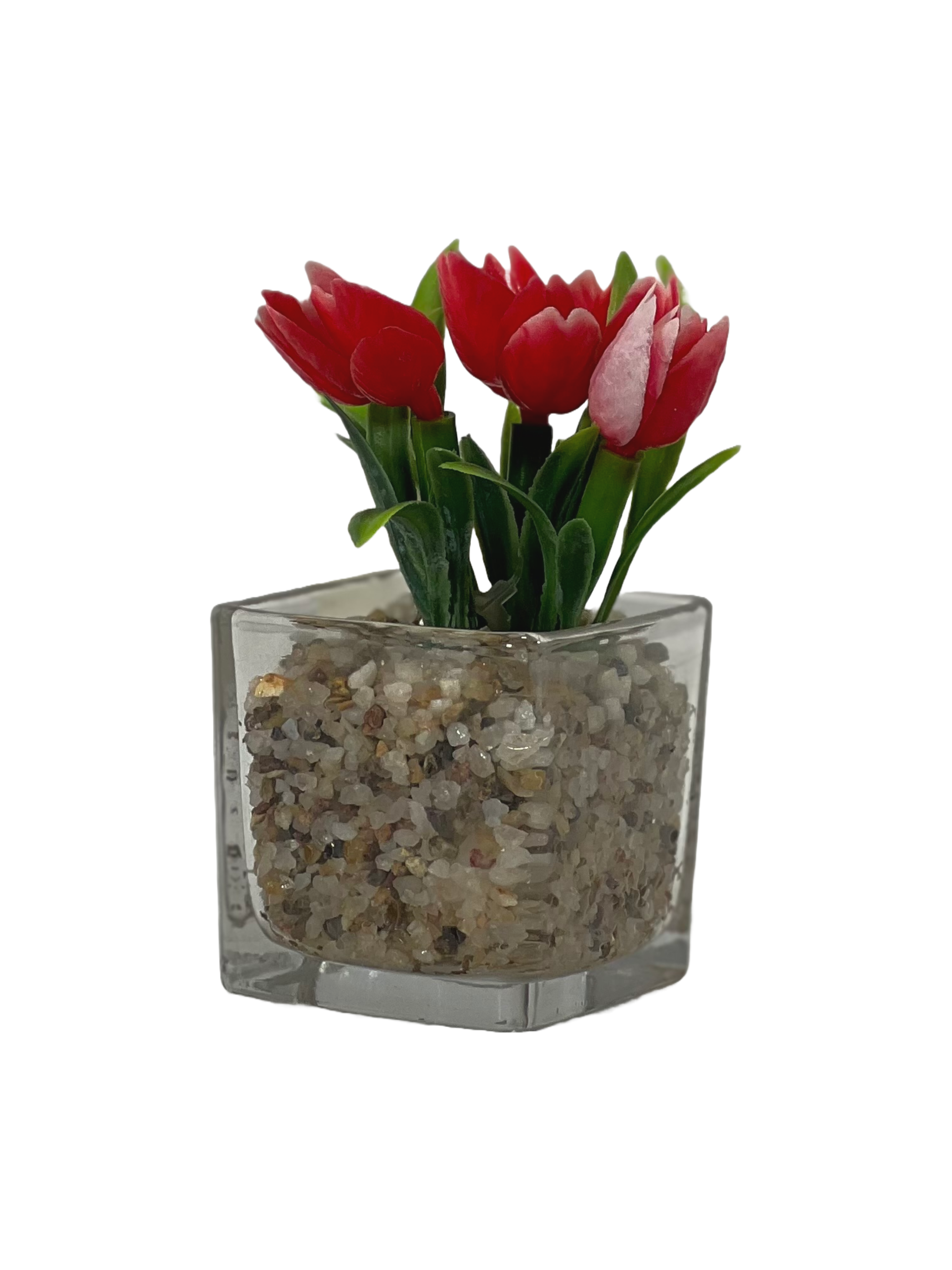 The Green Gallery Mini Tulip Plant in Glass Pot – Artificial Flowers with Stone Base | 6 Color Variants | Small Tabletop Decoration for Home, Office & Gifting