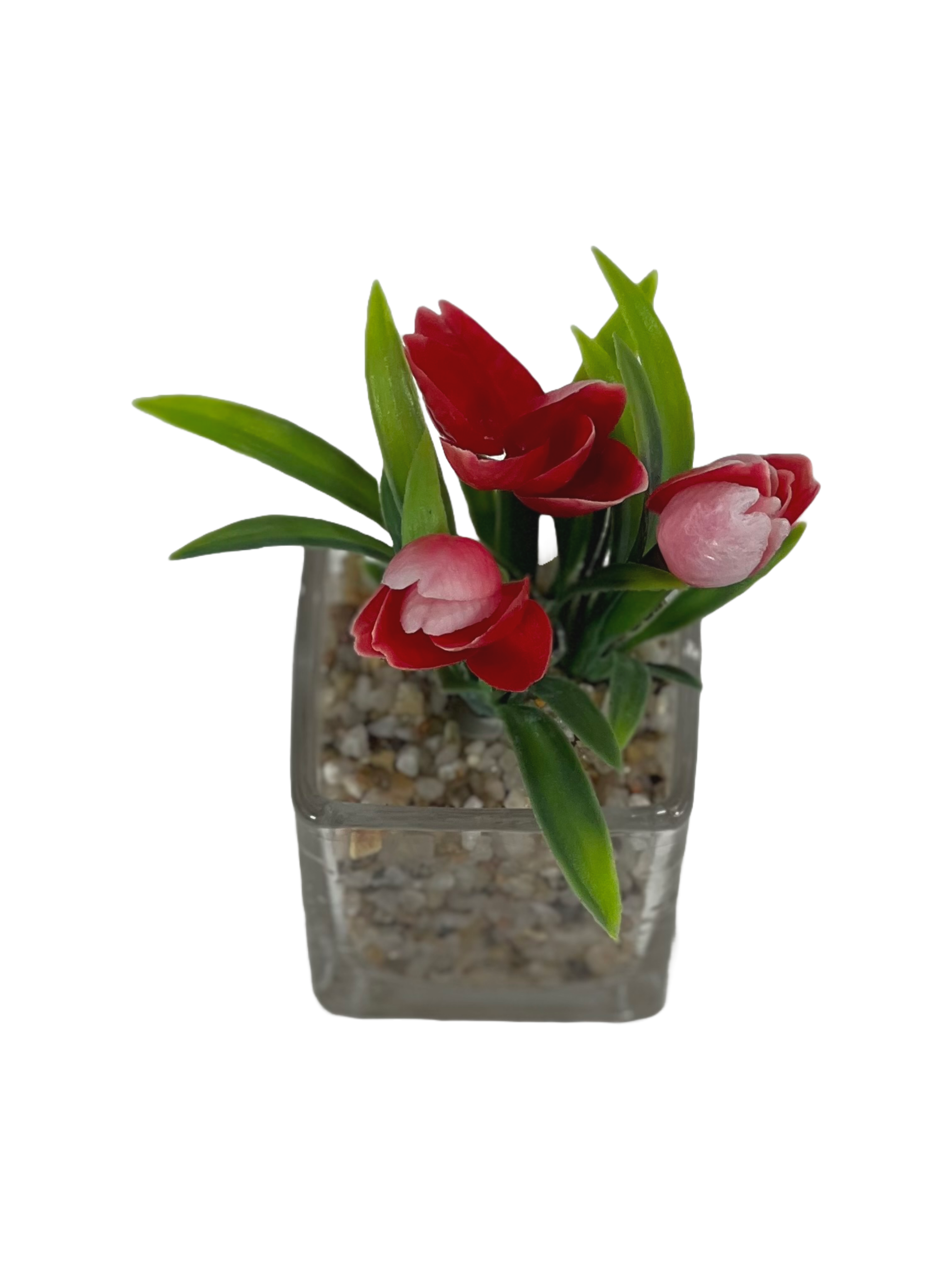 The Green Gallery Mini Tulip Plant in Glass Pot – Artificial Flowers with Stone Base | 6 Color Variants | Small Tabletop Decoration for Home, Office & Gifting