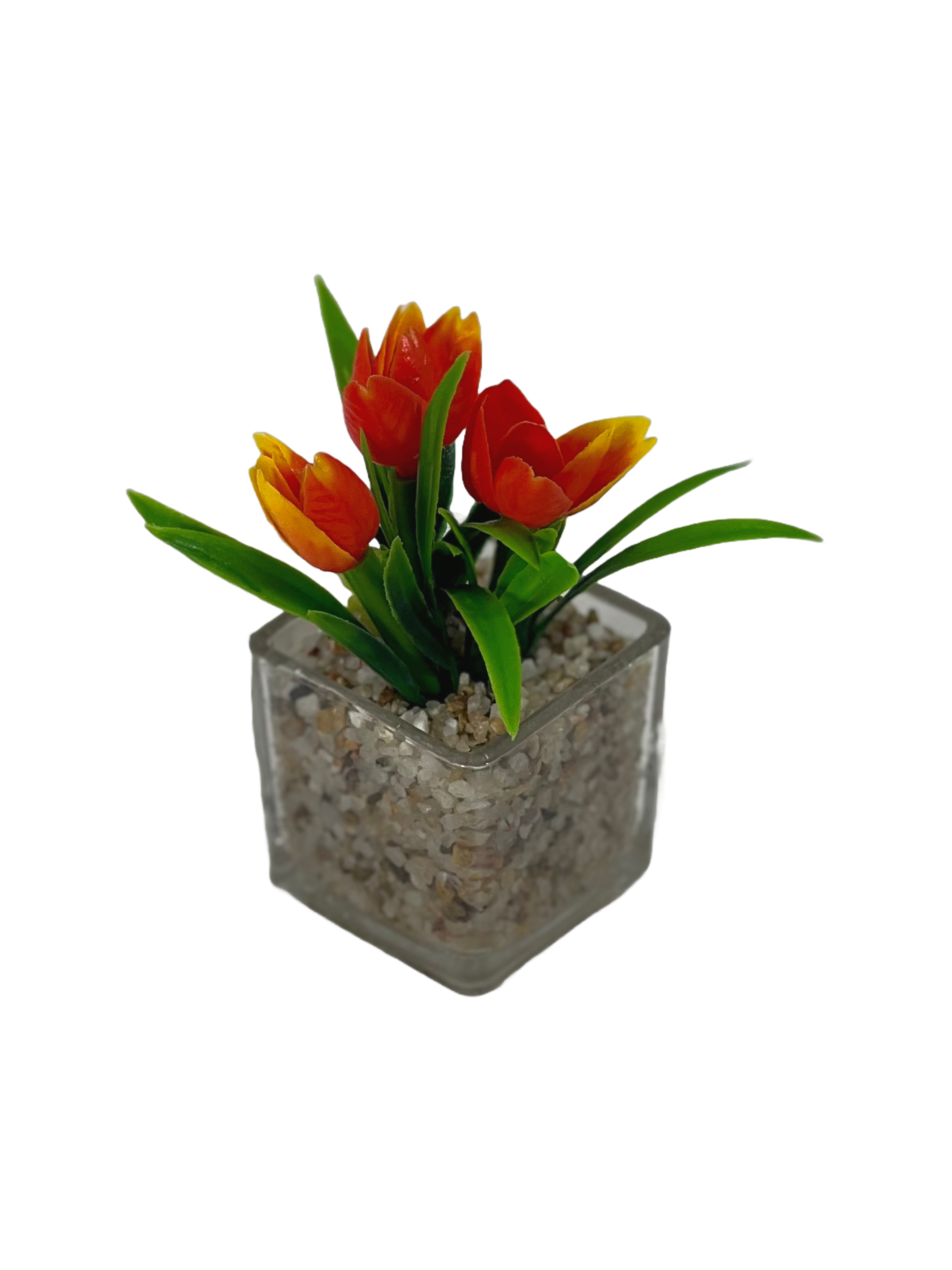 The Green Gallery Mini Tulip Plant in Glass Pot – Artificial Flowers with Stone Base | 6 Color Variants | Small Tabletop Decoration for Home, Office & Gifting