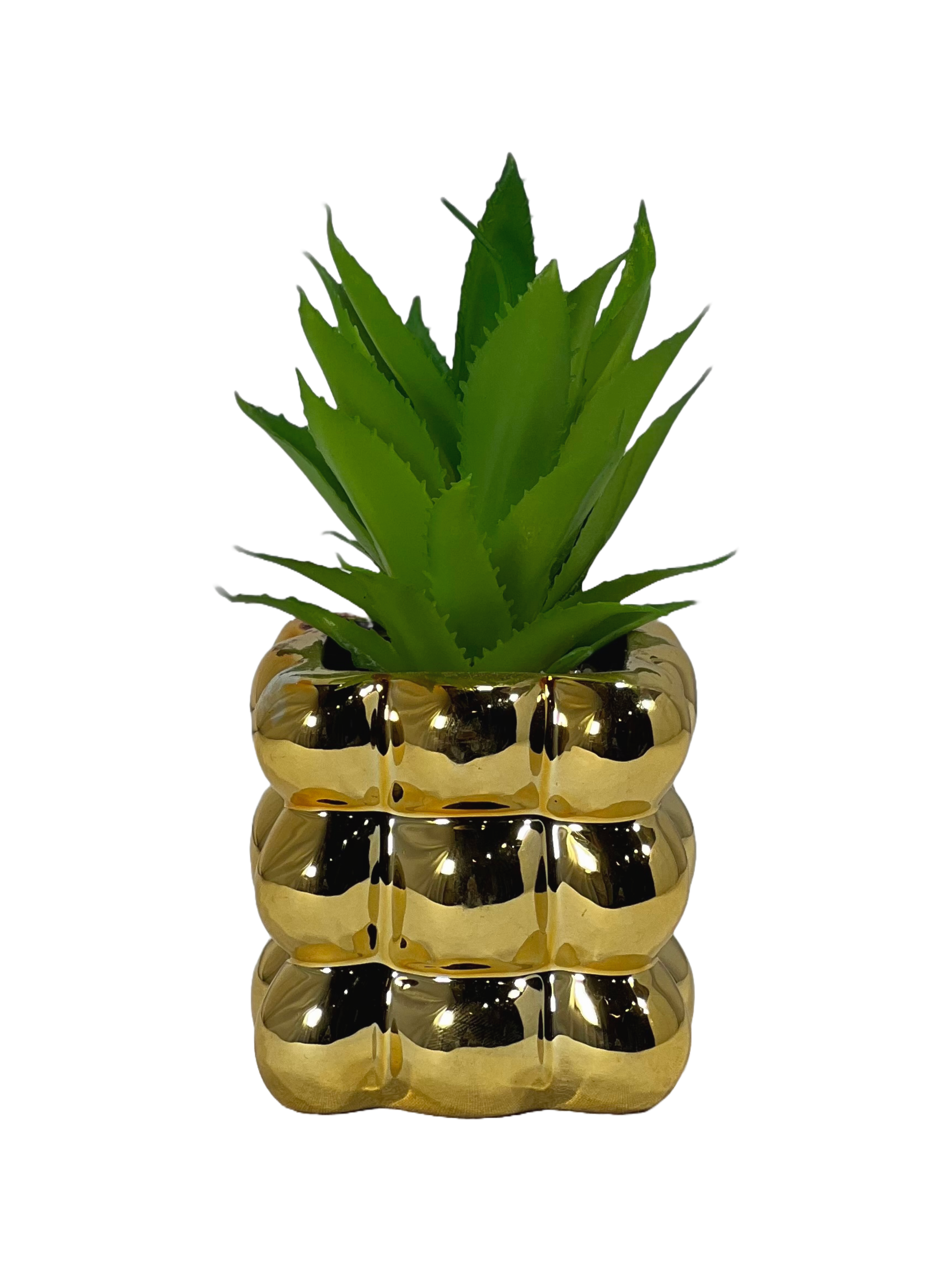The Green Gallery Gold Bubble Planter with Artificial Succulent – Mini Glossy Ceramic Pot | 3 Plant Variants | 10 cm