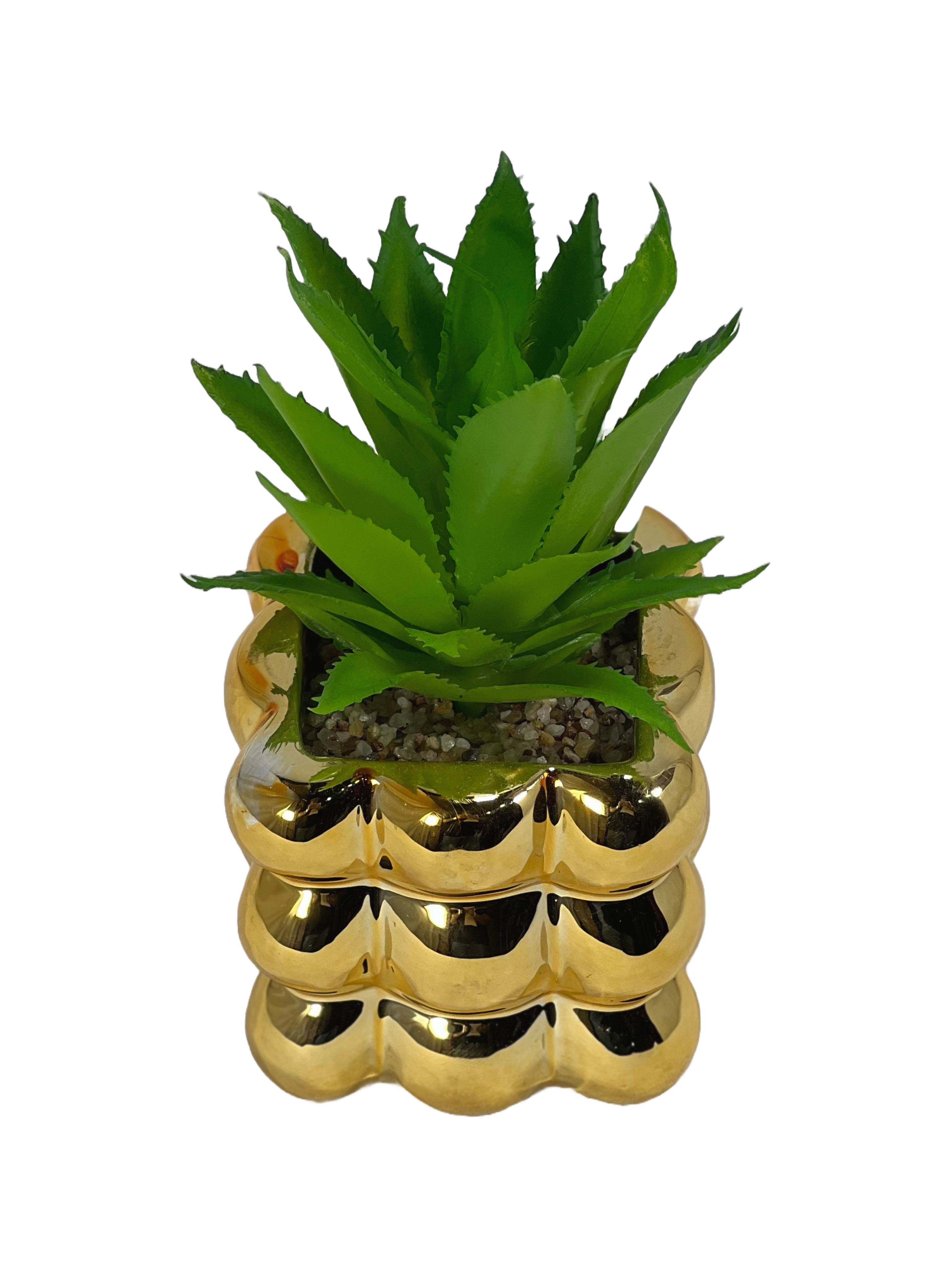 The Green Gallery Gold Bubble Planter with Artificial Succulent – Mini Glossy Ceramic Pot | 3 Plant Variants | 10 cm