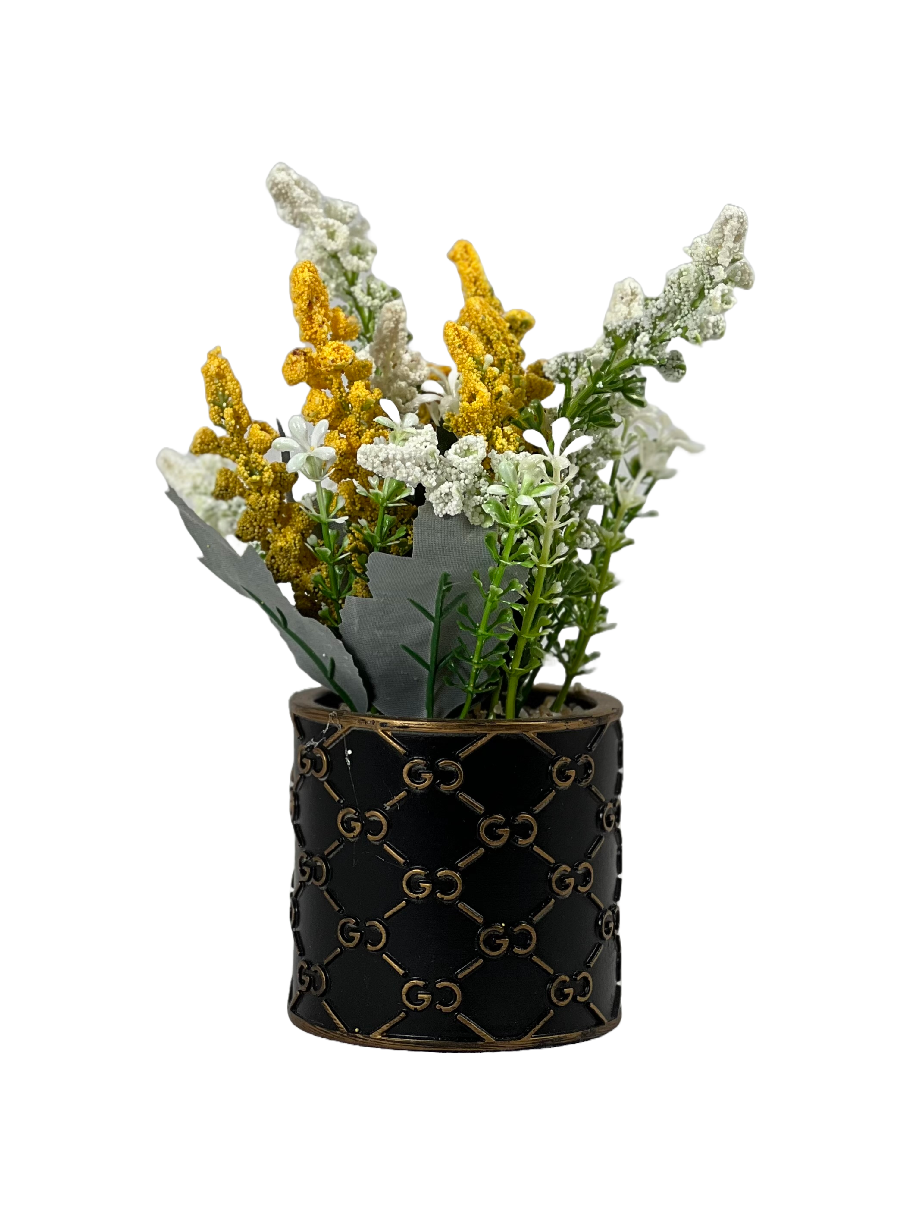 The Green Gallery Designer Pot Artificial Floral Arrangement – Mini Tabletop Flower Pot | Black & White Printed Ceramic Pots