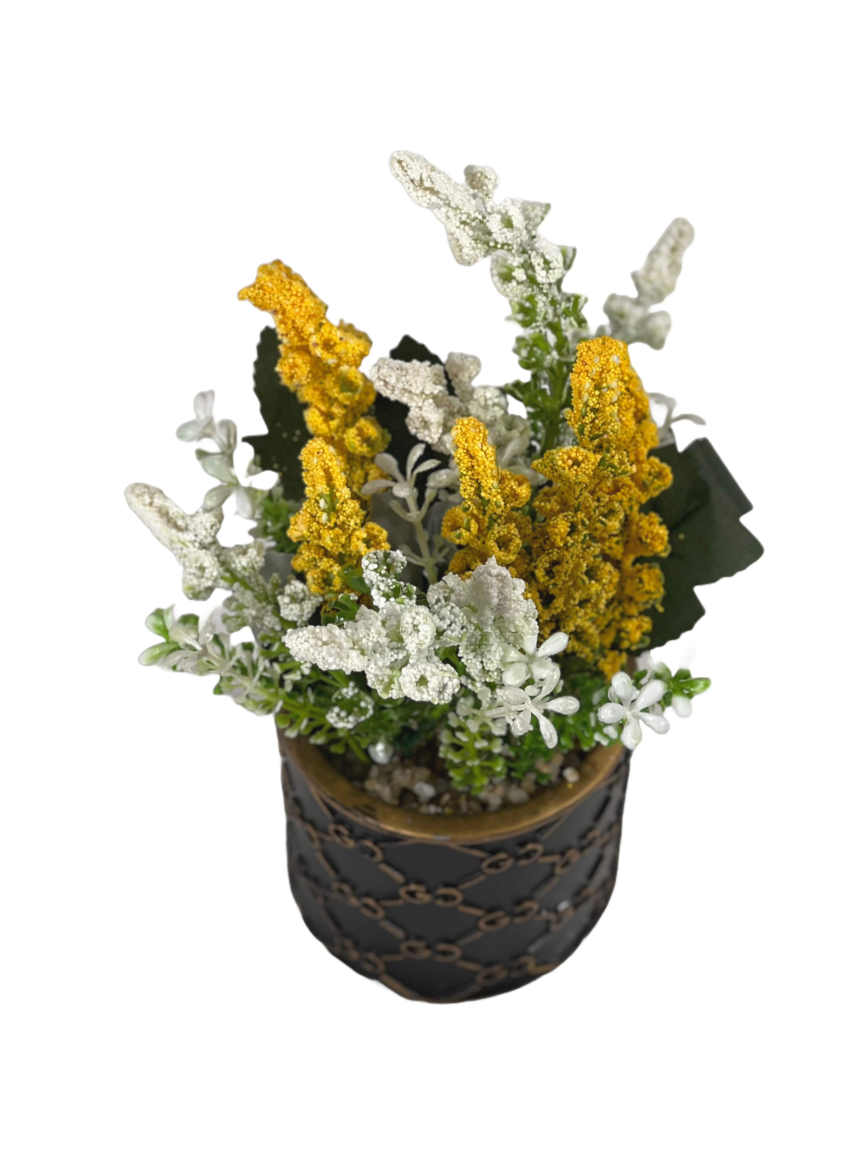 The Green Gallery Designer Pot Artificial Floral Arrangement – Mini Tabletop Flower Pot | Black & White Printed Ceramic Pots