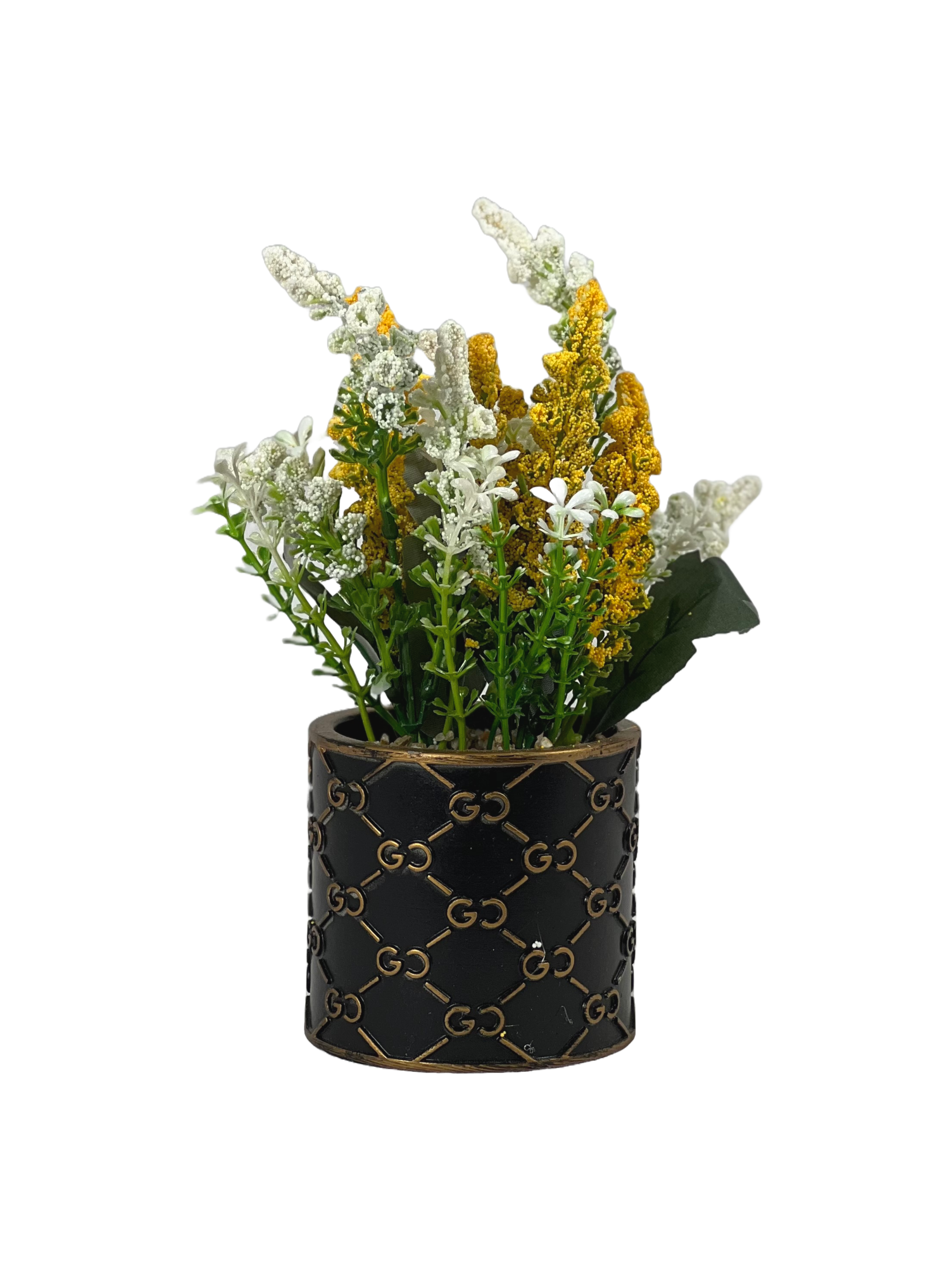 The Green Gallery Designer Pot Artificial Floral Arrangement – Mini Tabletop Flower Pot | Black & White Printed Ceramic Pots