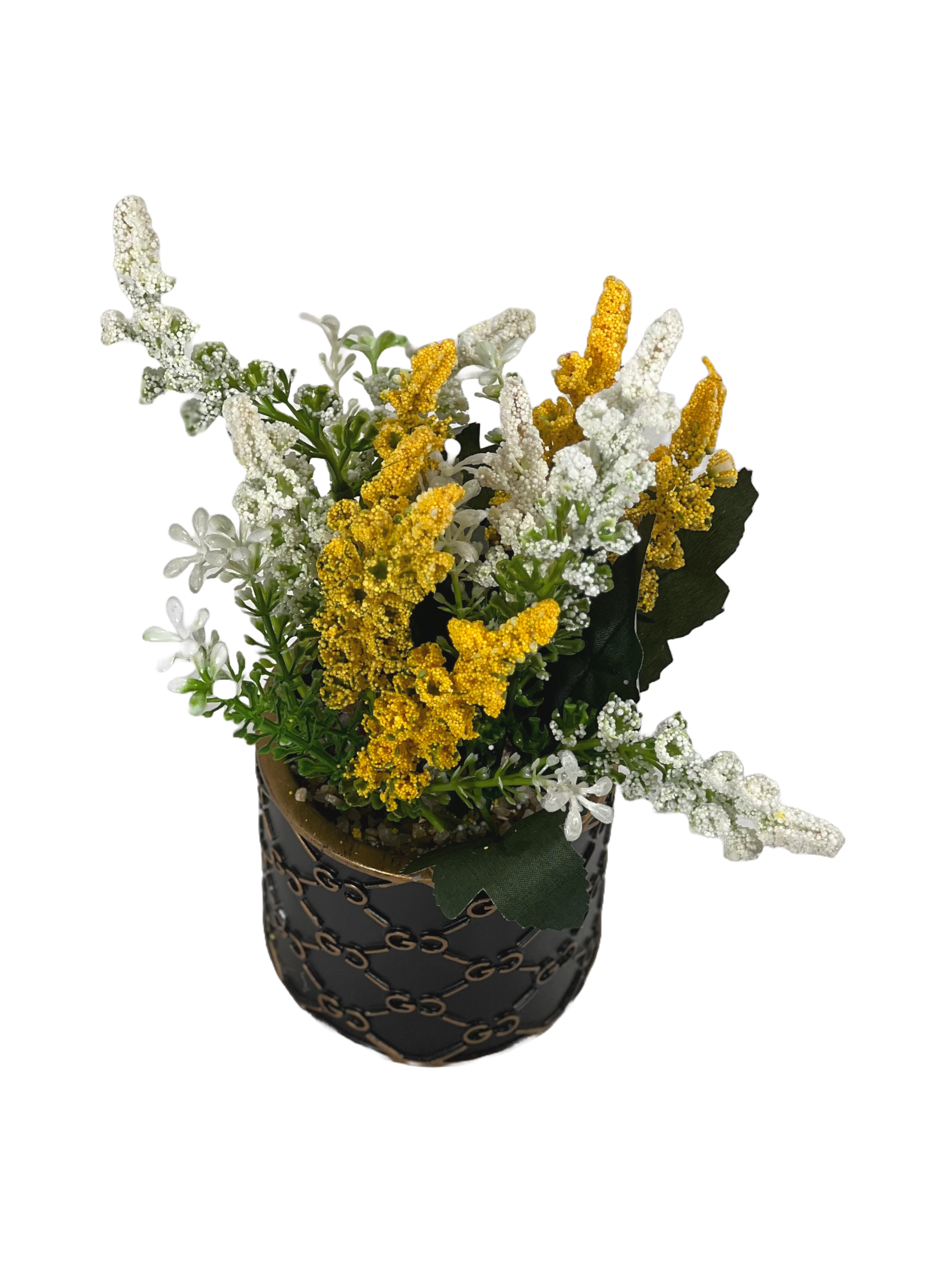 The Green Gallery Designer Pot Artificial Floral Arrangement – Mini Tabletop Flower Pot | Black & White Printed Ceramic Pots