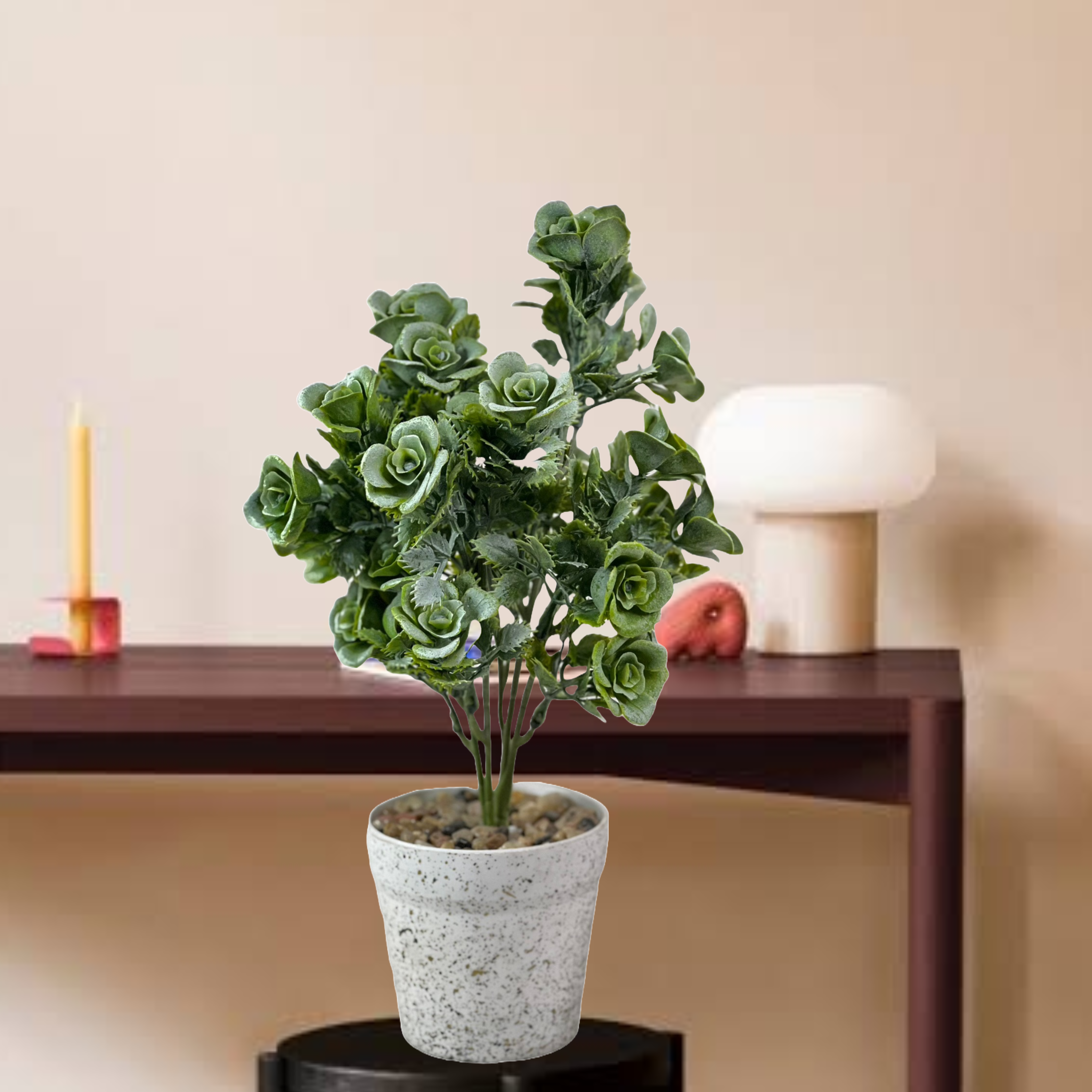 The Green Gallery Artificial Rose Succulent Plant in White Stone-Look Pot | Faux Greenery Tabletop Decor for Home, Office & Gifting – 32 cm Height