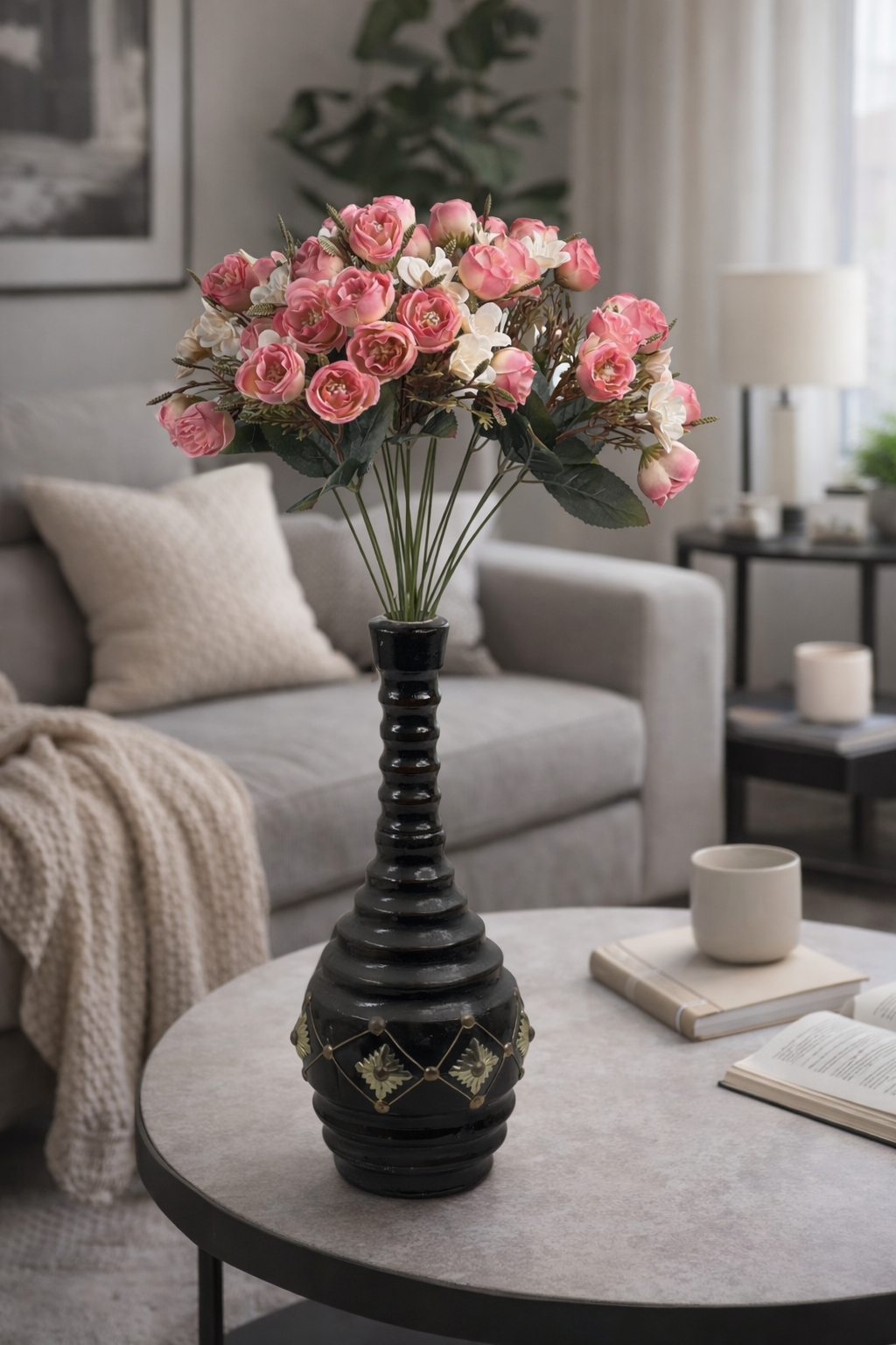 Artificial Pink Mini Rose Flower Bunch with White Accents