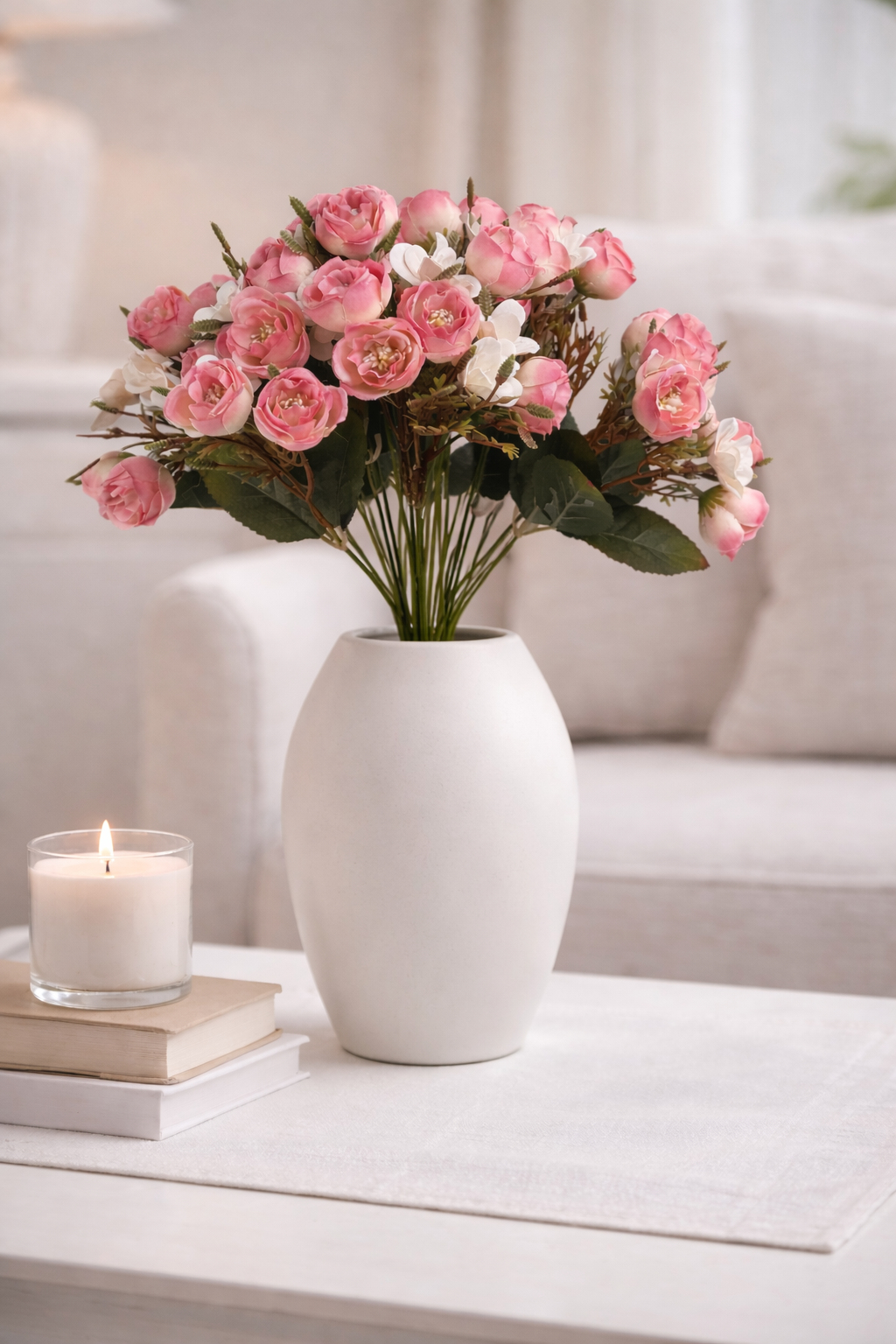 Artificial Pink Mini Rose Flower Bunch with White Accents