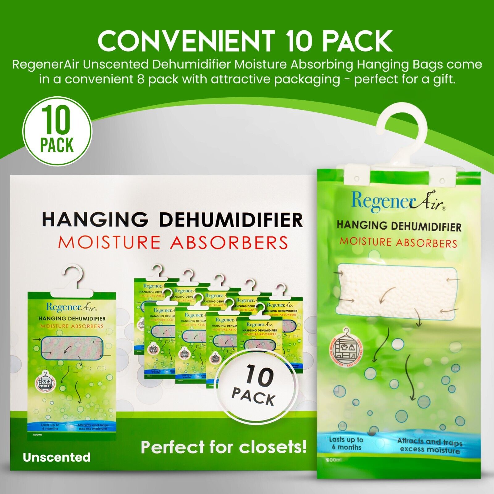 RegenerAir Closet Moisture Absorber Dehumidifier Unscented 10 Pack Hanging bags