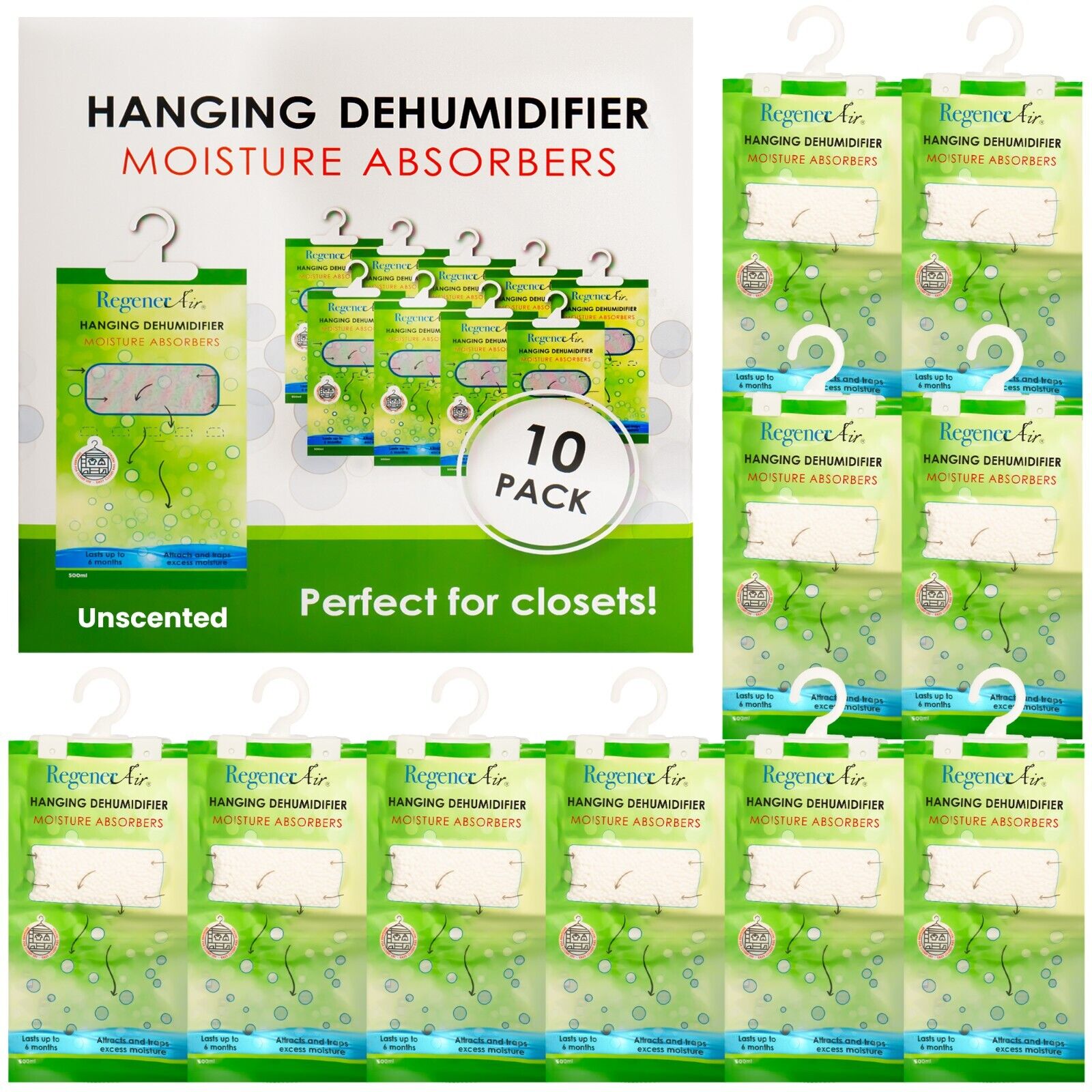 RegenerAir Closet Moisture Absorber Dehumidifier Unscented 10 Pack Hanging bags