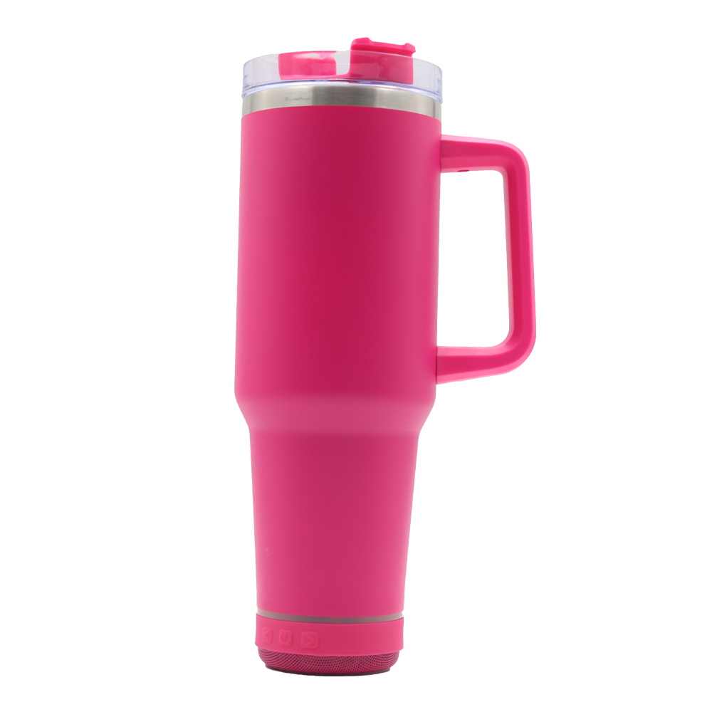 Bluetooth Speaker 40oz Tumbler - Grippy Pink Tumbler, 40oz Tumbler with Handle and Small Bluetooth Speaker, Bluetooth Water Bottle Speaker, Hot Pink Tumbler with Handle, Tumbler with Speake