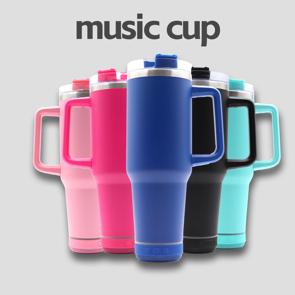 Bluetooth Speaker 40oz Tumbler - Grippy Pink Tumbler, 40oz Tumbler with Handle and Small Bluetooth Speaker, Bluetooth Water Bottle Speaker, Hot Pink Tumbler with Handle, Tumbler with Speake
