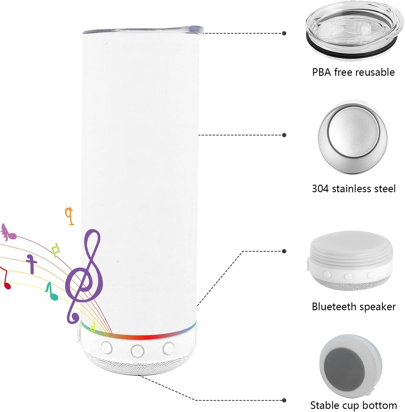 1 Pack 20 oz Sublimation Blank Skinny Straight Cup Stainless Steel Double Vacuum Bluetooth Speaker Music Cup with Lid and Straw Heat Transfer Cup
