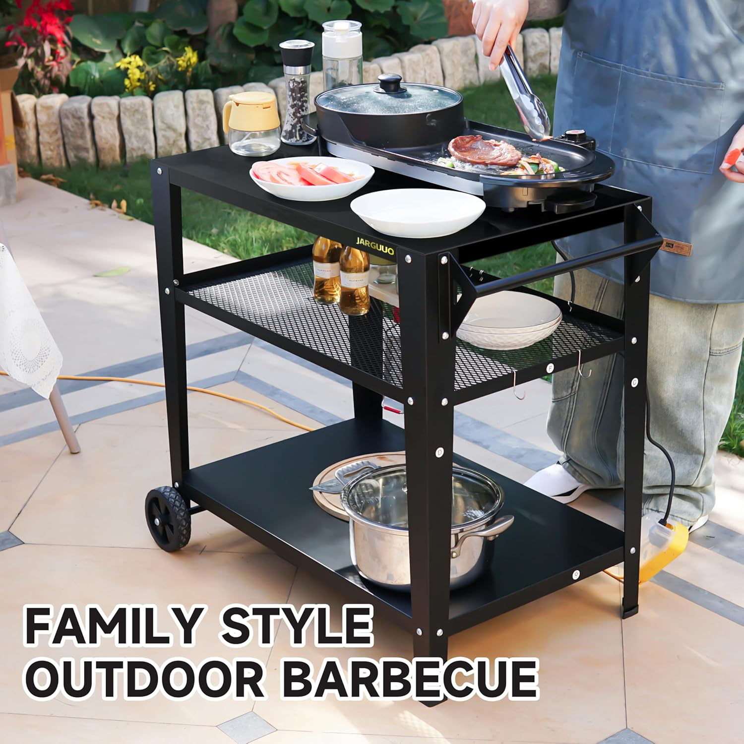 JARGUUO Dinner wagons Cart Table with Double-Shelf, Movable Stainless Steel Flattop Grill Cart, Hooks, Side Handle, Multifunctional