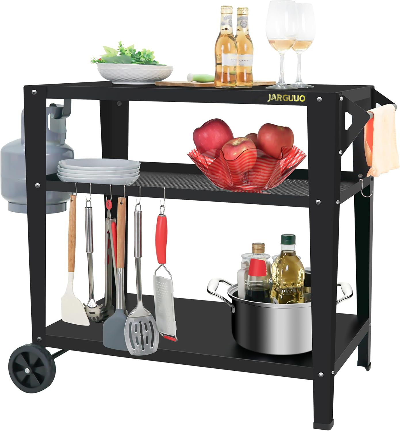 JARGUUO Dinner wagons Cart Table with Double-Shelf, Movable Stainless Steel Flattop Grill Cart, Hooks, Side Handle, Multifunctional
