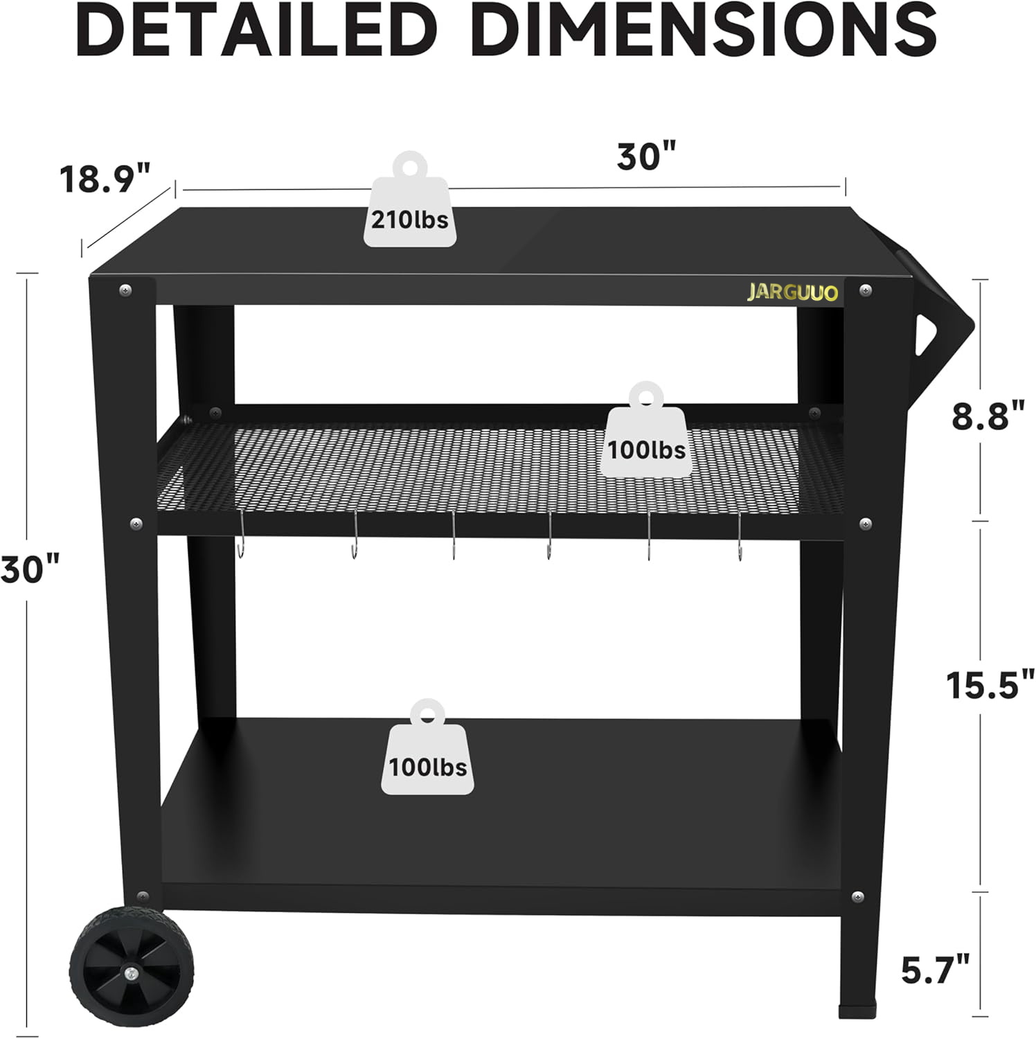 JARGUUO Dinner wagons Cart Table with Double-Shelf, Movable Stainless Steel Flattop Grill Cart, Hooks, Side Handle, Multifunctional