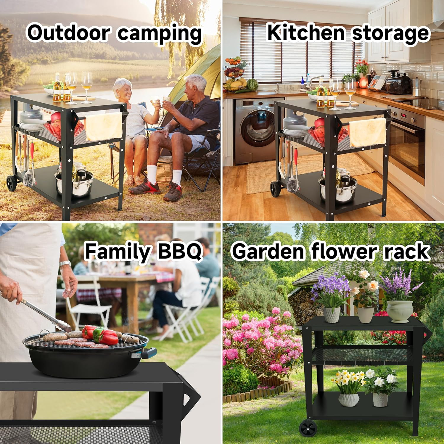 JARGUUO Dinner wagons Cart Table with Double-Shelf, Movable Stainless Steel Flattop Grill Cart, Hooks, Side Handle, Multifunctional