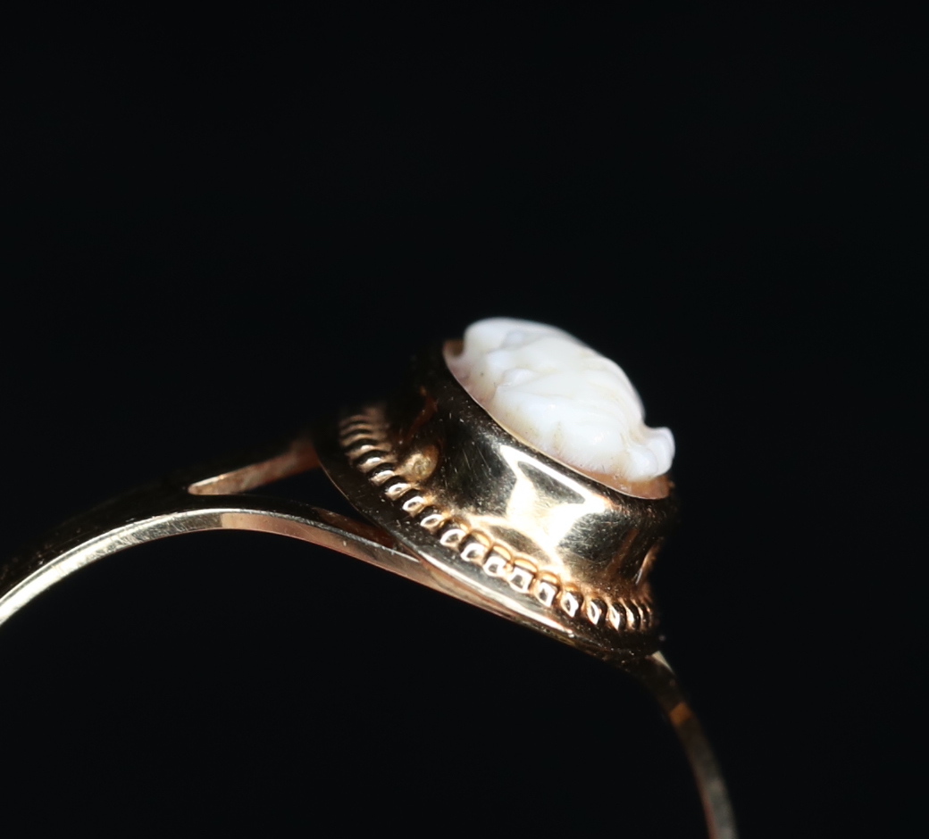 Geltono aukso žiedas su koraline kamėja