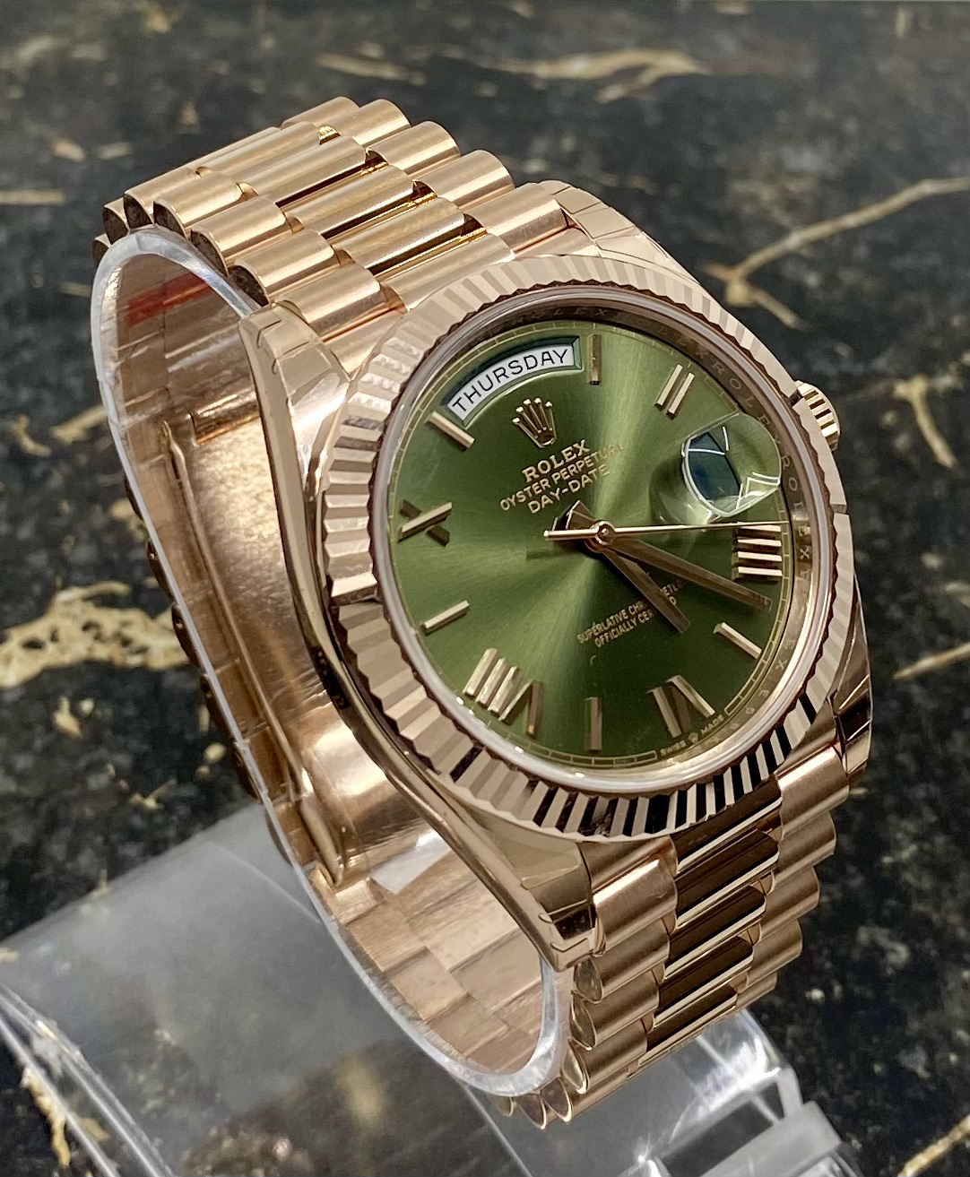 Rolex Day-Date Everose Olive Roman Numbers