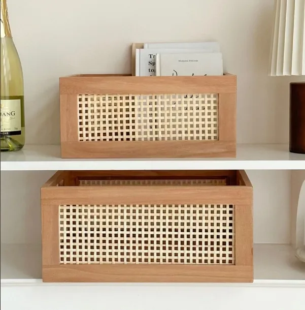 Stylized Rattan Cane Webbing Basket Solid Wood