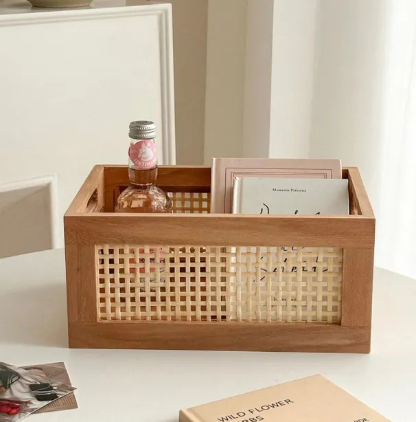 Stylized Rattan Cane Webbing Basket Solid Wood