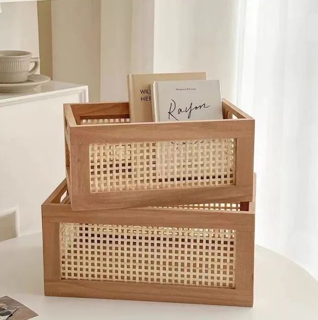 Stylized Rattan Cane Webbing Basket Solid Wood
