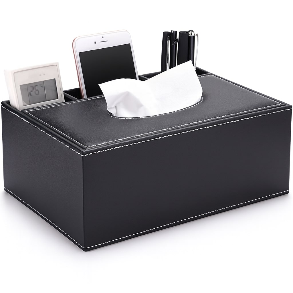 Tissue Storage Organizer Box | Black PU Leather Household Office Rectangular Large Napkin Holder Desktop Storage