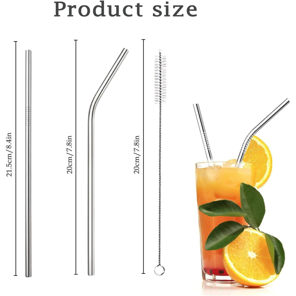 Metal Stainless Steel Reusable Drinking Straws Set of 4 with Cleaning Brush