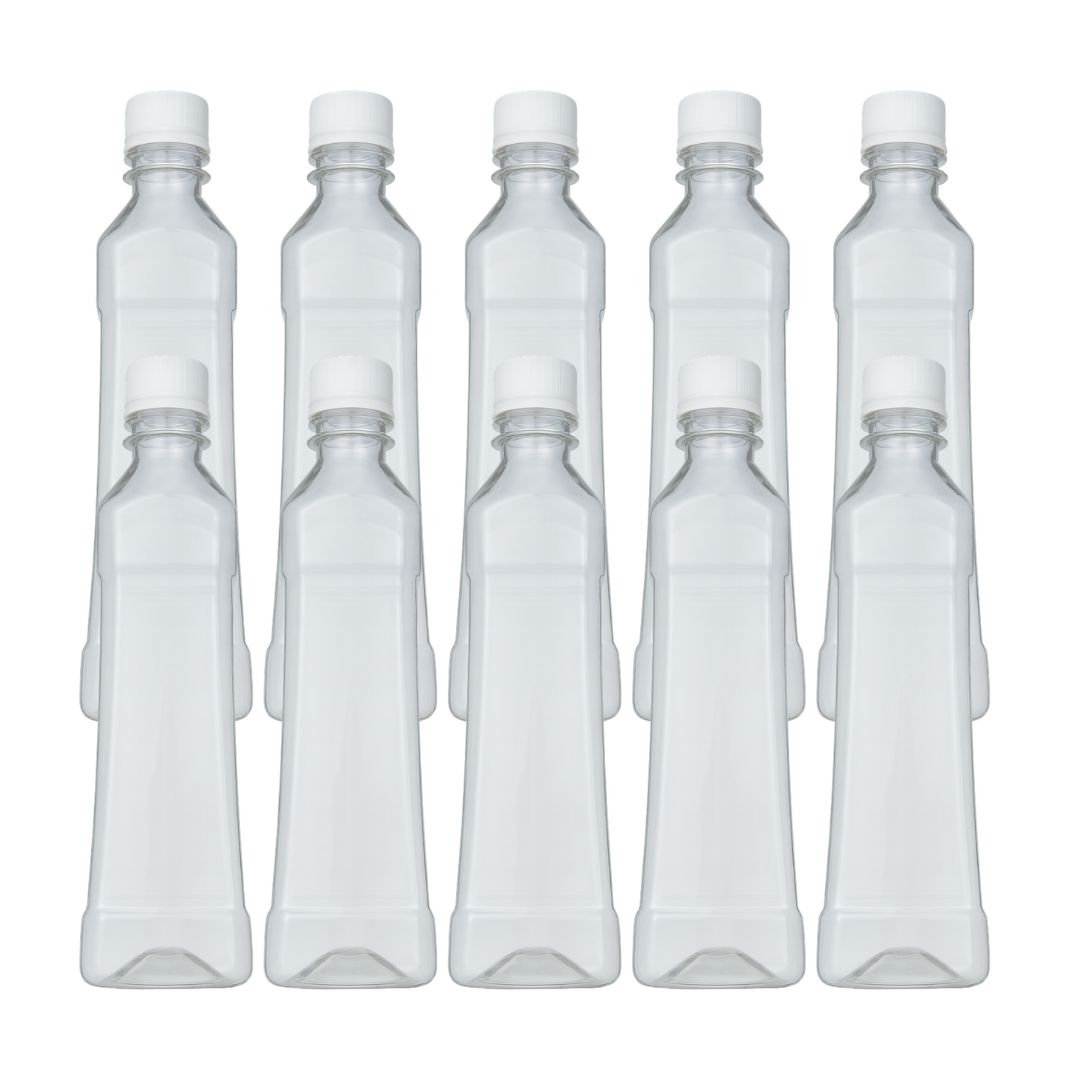 500ML Square Plastic Transparent Disposable Bottle with White Cap (Pack Of 10 Unit)
