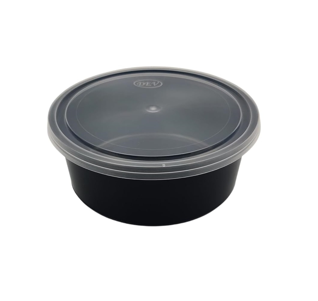 500ML Round Plastic Container Black with Lid (Pack of 25 Units)
