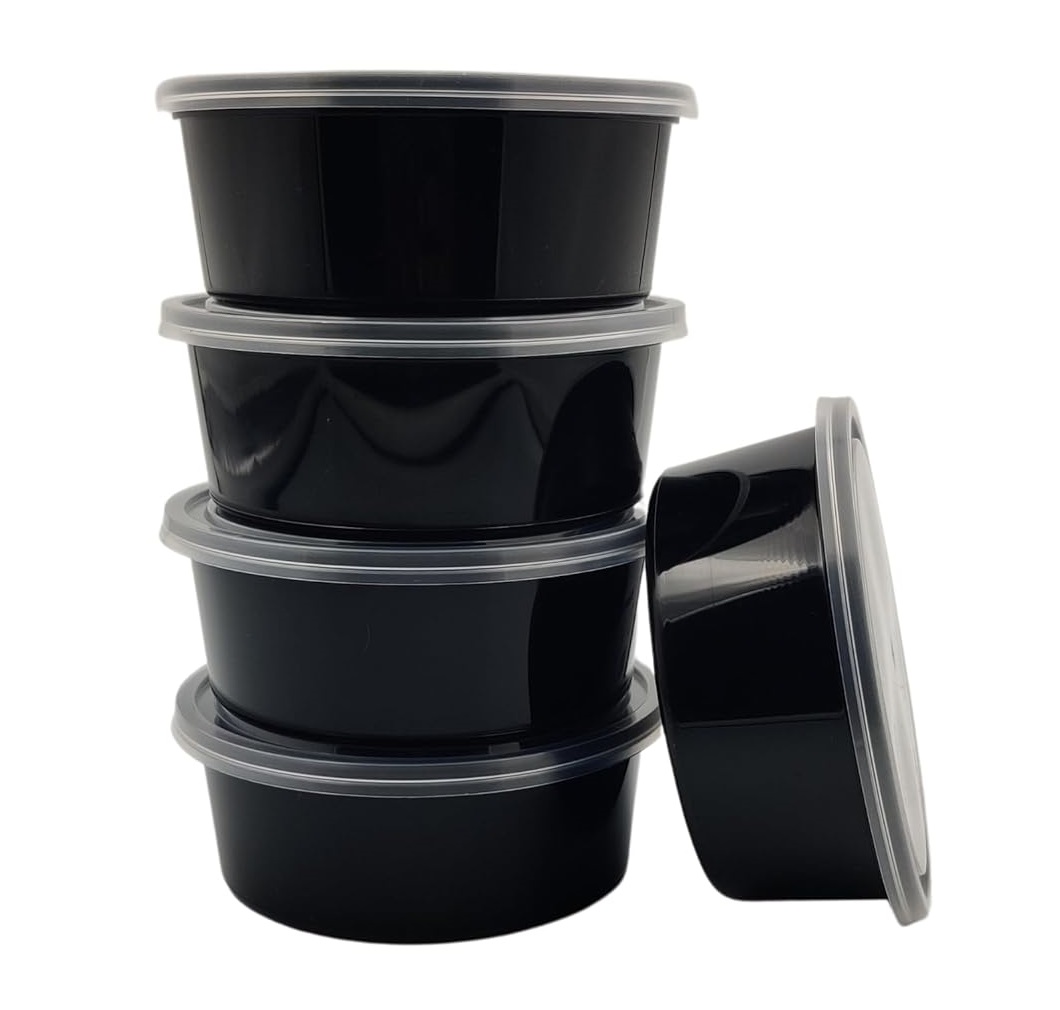 250ML Round Plastic Container Black with Lid (Pack of 25 Units)