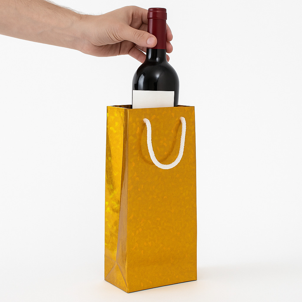 14X5X3.5 Inch Gift Carry Bags For Bottle Holographic Gold with White Handle (Pack of 10 Units)