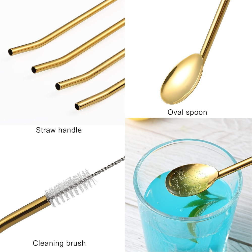 2 in 1 Golden Stainless Steel Spoon Cum Straws with Cleaning Brush Set of 6 with Cleaning Brush