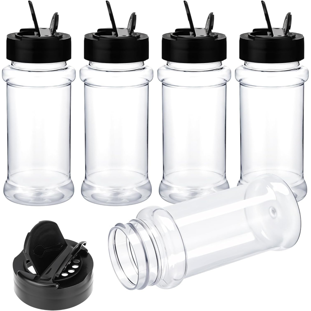 125ML 170ML Empty Round Spice Pet Jars Bottle with Two Sided Sifter Shaker Lids Black | Masala Bottle Spice Container