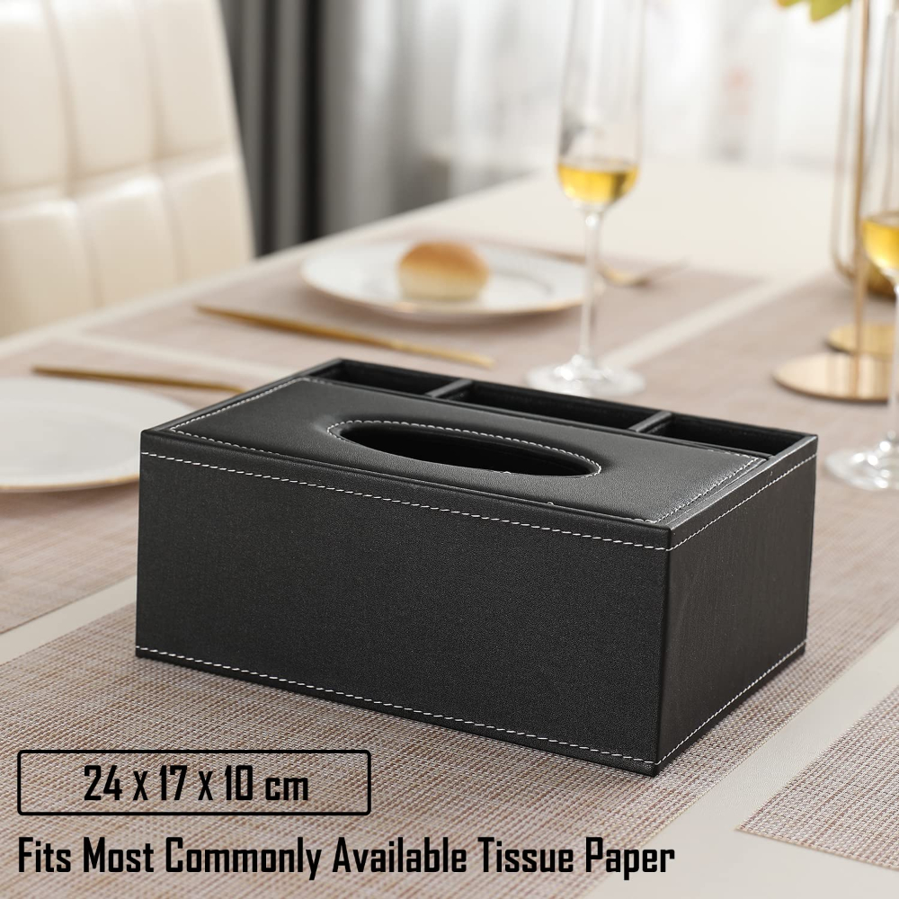 Tissue Storage Organizer Box | Black PU Leather Household Office Rectangular Large Napkin Holder Desktop Storage