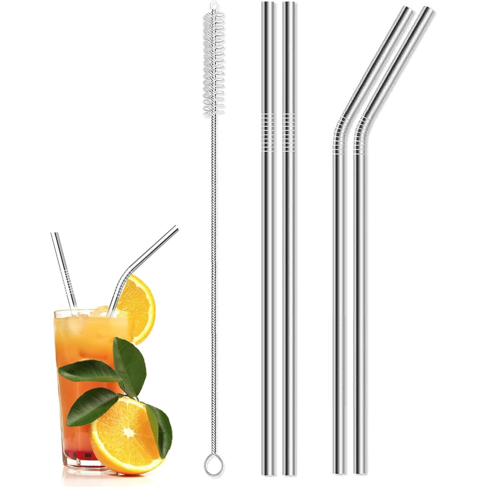 Metal Stainless Steel Reusable Drinking Straws Set of 4 with Cleaning Brush
