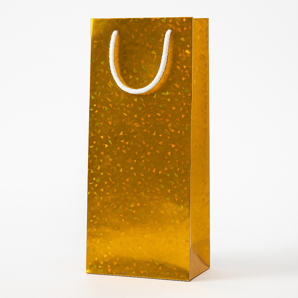 14X5X3.5 Inch Gift Carry Bags For Bottle Holographic Gold with White Handle (Pack of 10 Units)