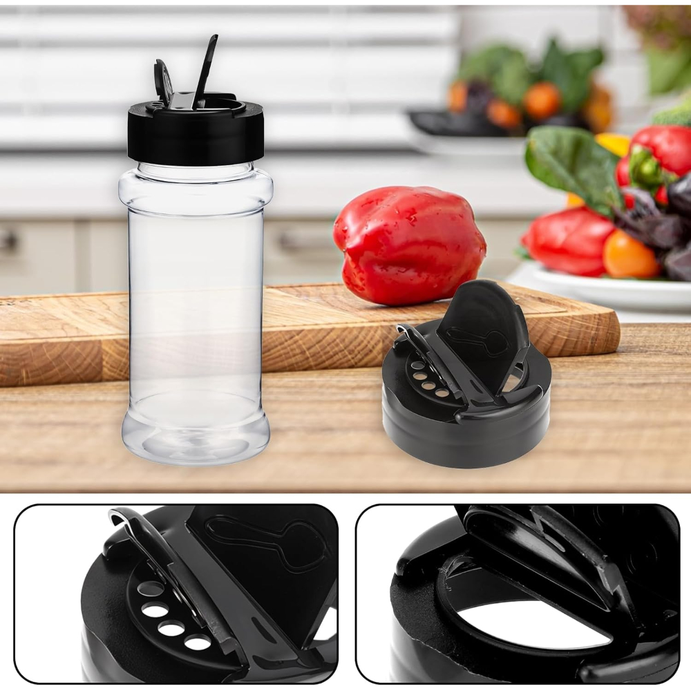 125ML 170ML Empty Round Spice Pet Jars Bottle with Two Sided Sifter Shaker Lids Black | Masala Bottle Spice Container