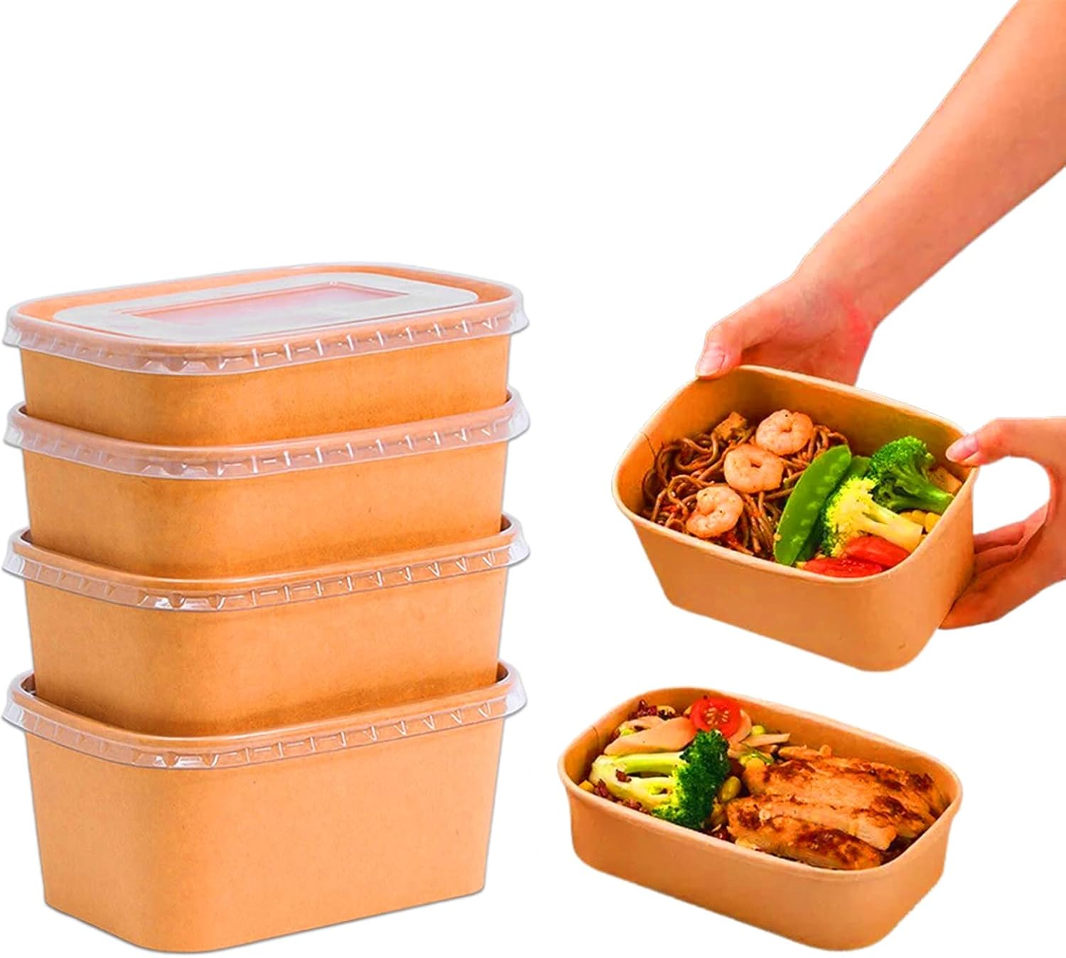 650ML 750ML 1000ML Rectangle Kraft Paper Food Storage Containers with Lids Brown (Pack of 25 Units)