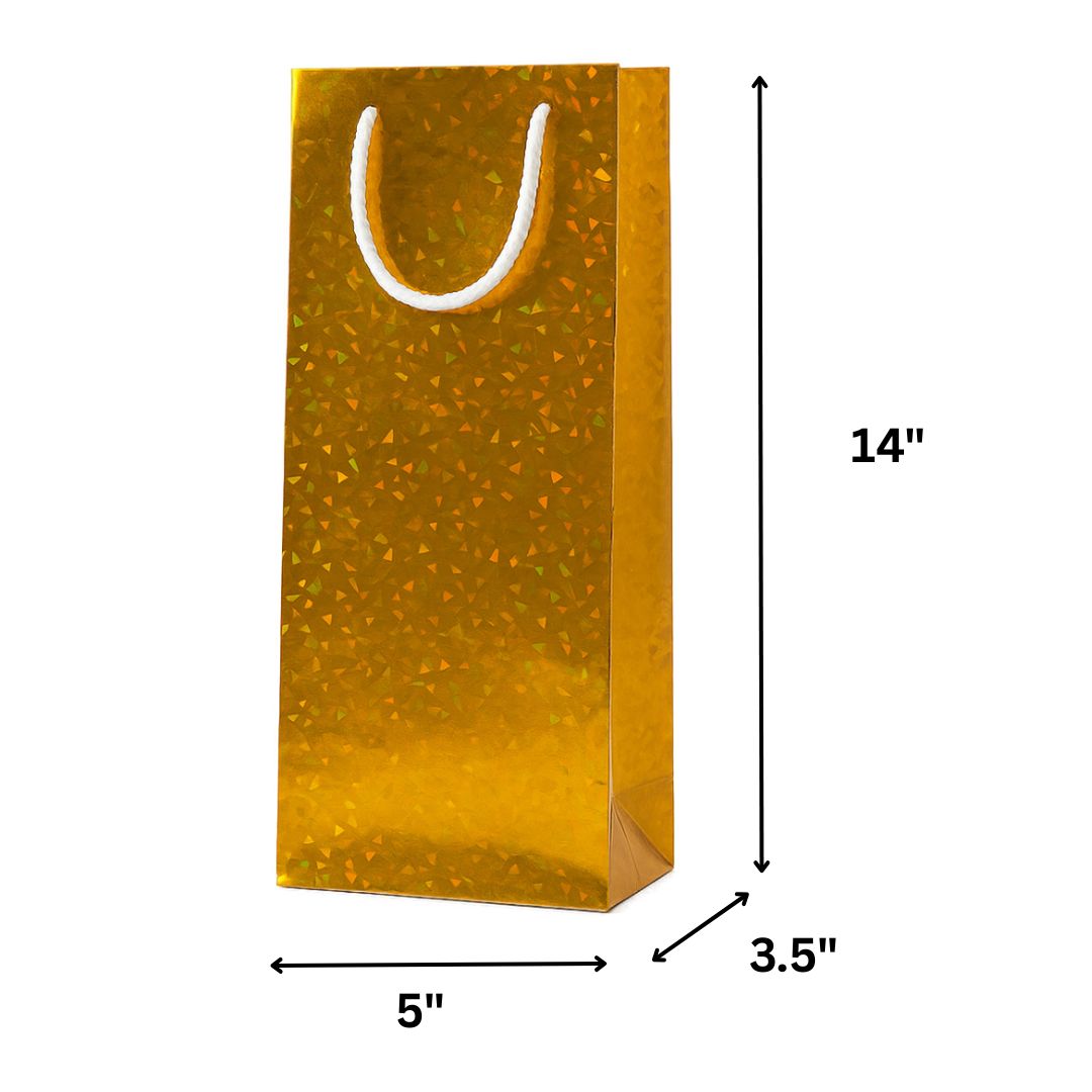 14X5X3.5 Inch Gift Carry Bags For Bottle Holographic Gold with White Handle (Pack of 10 Units)