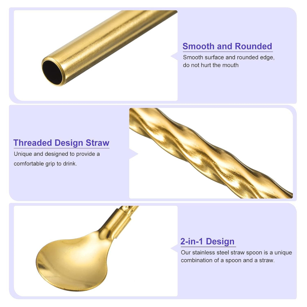 2 in 1 Golden Stainless Steel Spoon Cum Straws with Cleaning Brush Set of 6 with Cleaning Brush