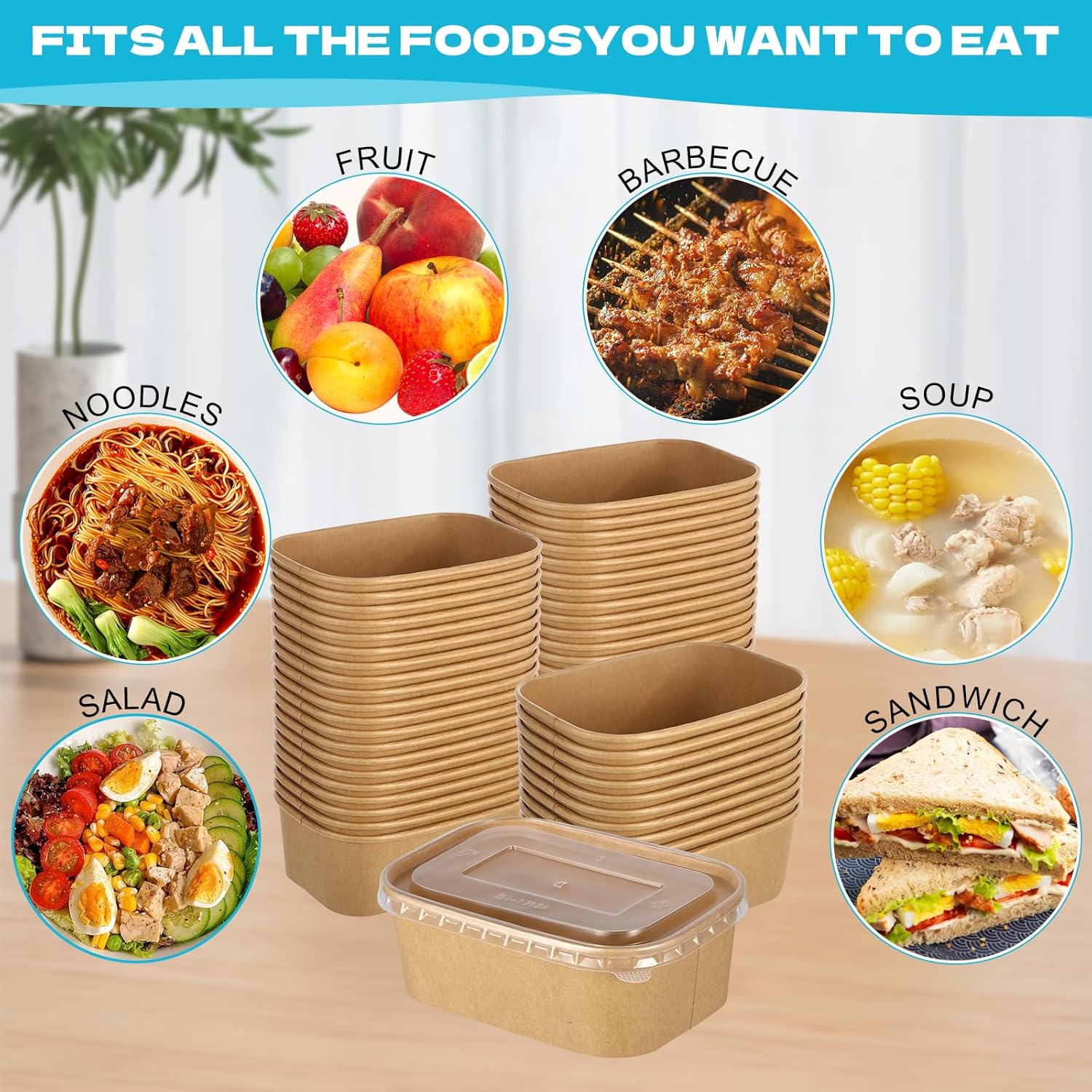650ML 750ML 1000ML Rectangle Kraft Paper Food Storage Containers with Lids Brown (Pack of 25 Units)