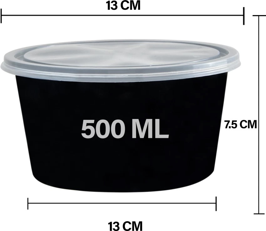500ML Round Plastic Container Black with Lid (Pack of 25 Units)