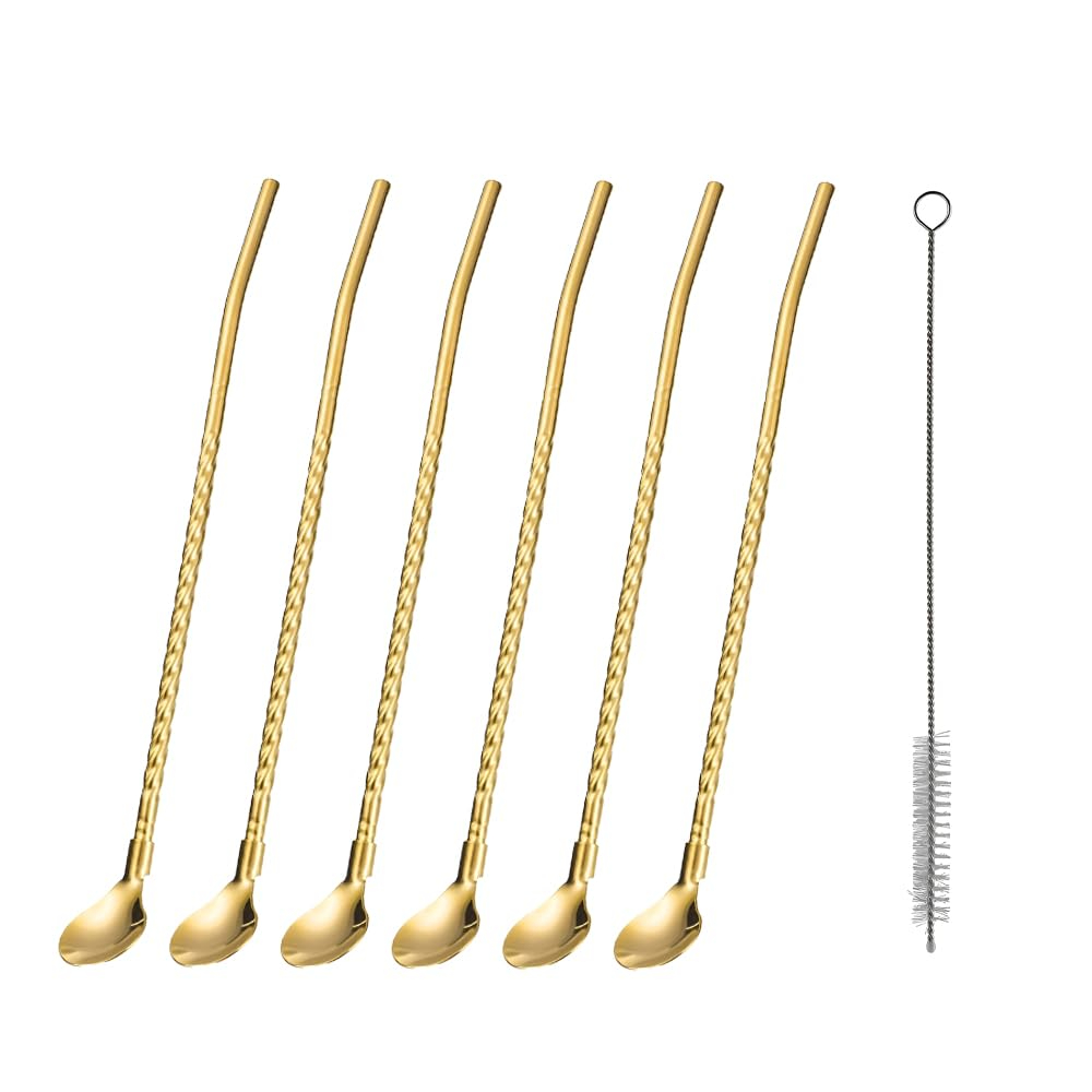 2 in 1 Golden Stainless Steel Spoon Cum Straws with Cleaning Brush Set of 6 with Cleaning Brush