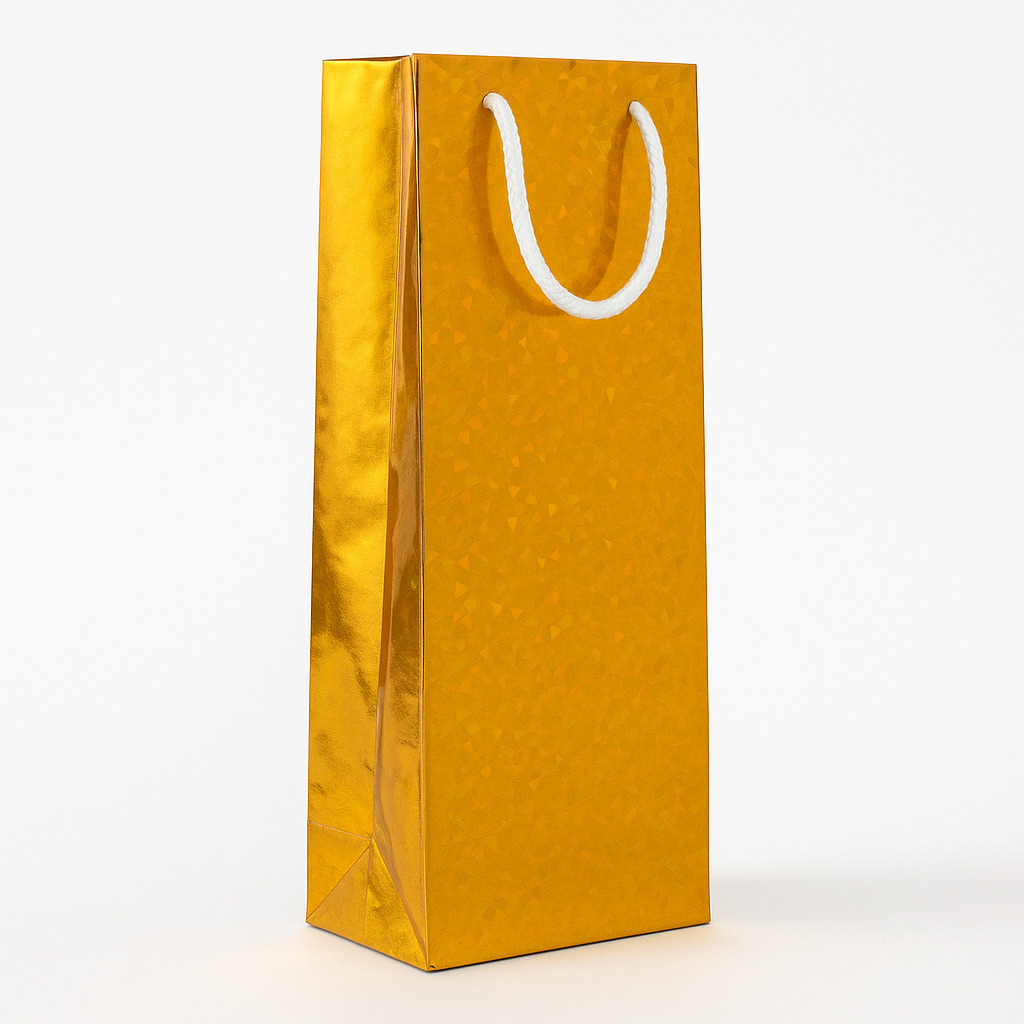 14X5X3.5 Inch Gift Carry Bags For Bottle Holographic Gold with White Handle (Pack of 10 Units)
