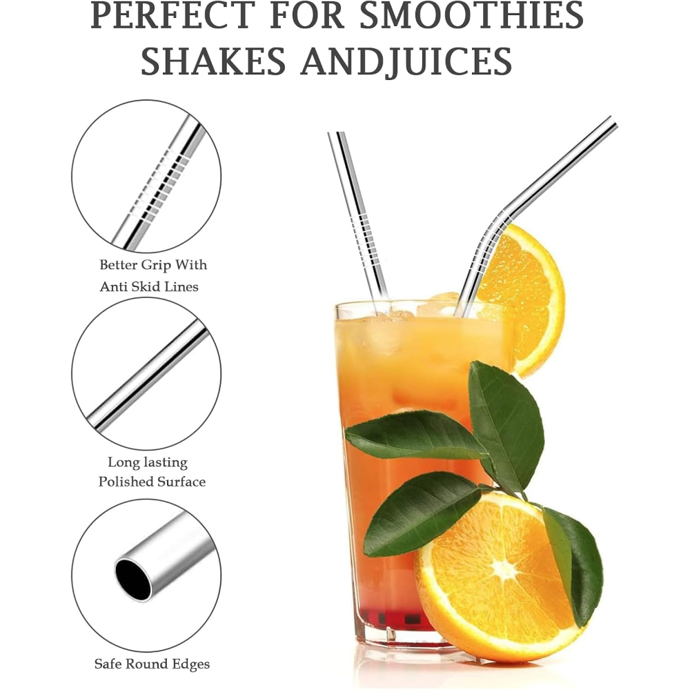 Metal Stainless Steel Reusable Drinking Straws Set of 4 with Cleaning Brush