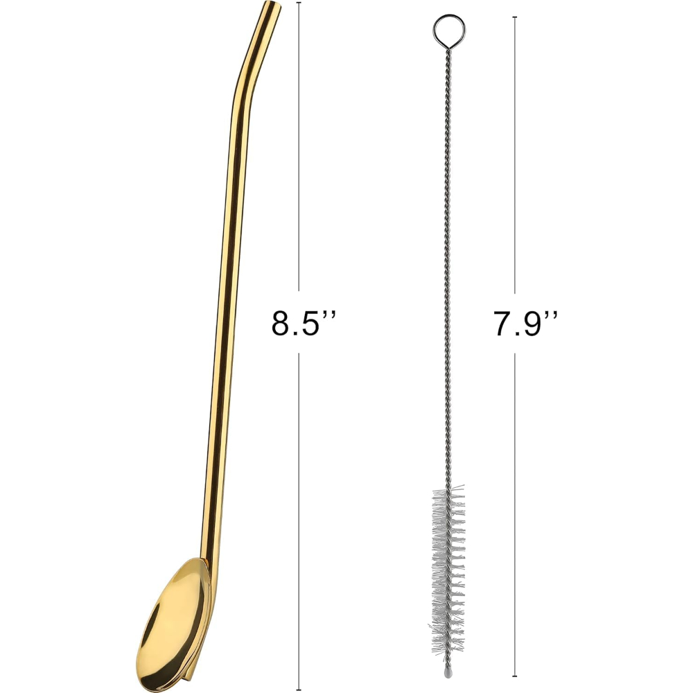 2 in 1 Golden Stainless Steel Spoon Cum Straws with Cleaning Brush Set of 6 with Cleaning Brush