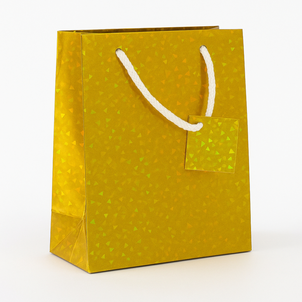 13X10.4X5.5 Inch Gift Carry Bags Holographic Gold with White Handle (Pack of 10 Units)