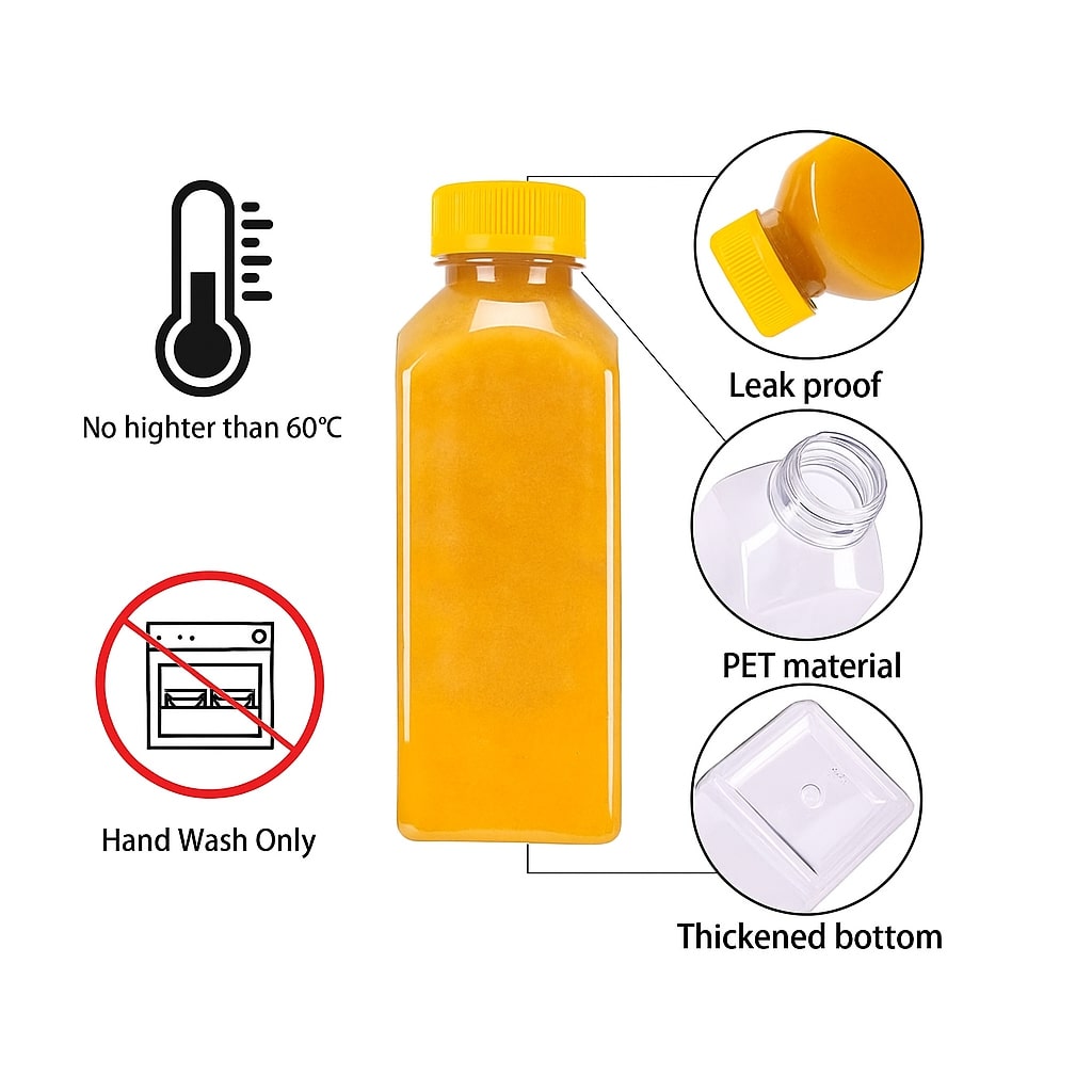 200ML 250ML 300ML 350ML Square Plastic Transparent Disposable Bottle with Yellow Cap (Pack Of 10 Unit)